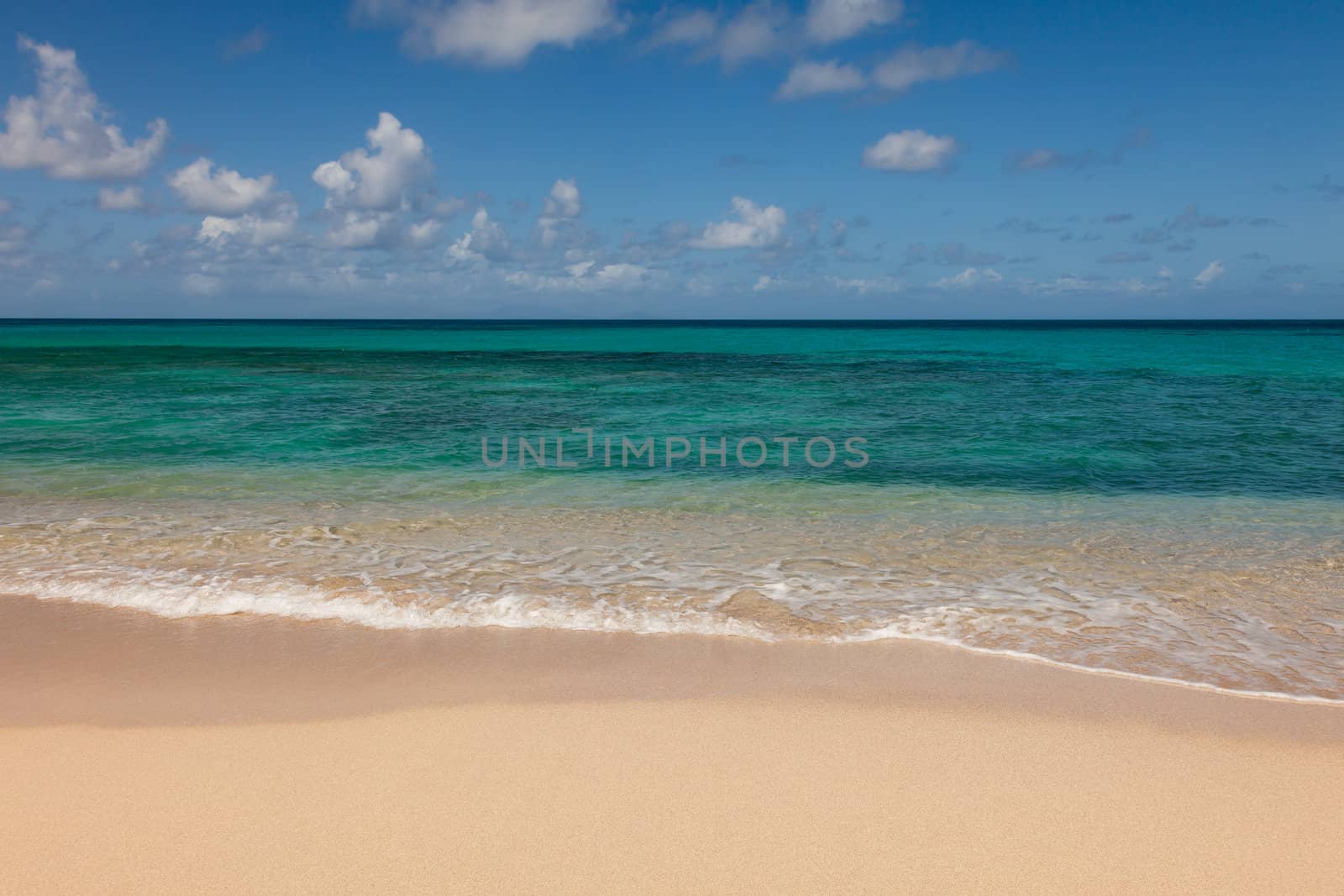 Beautiful Sandy Tropical Beach and Sunny Ocean Seascape with Copy Space