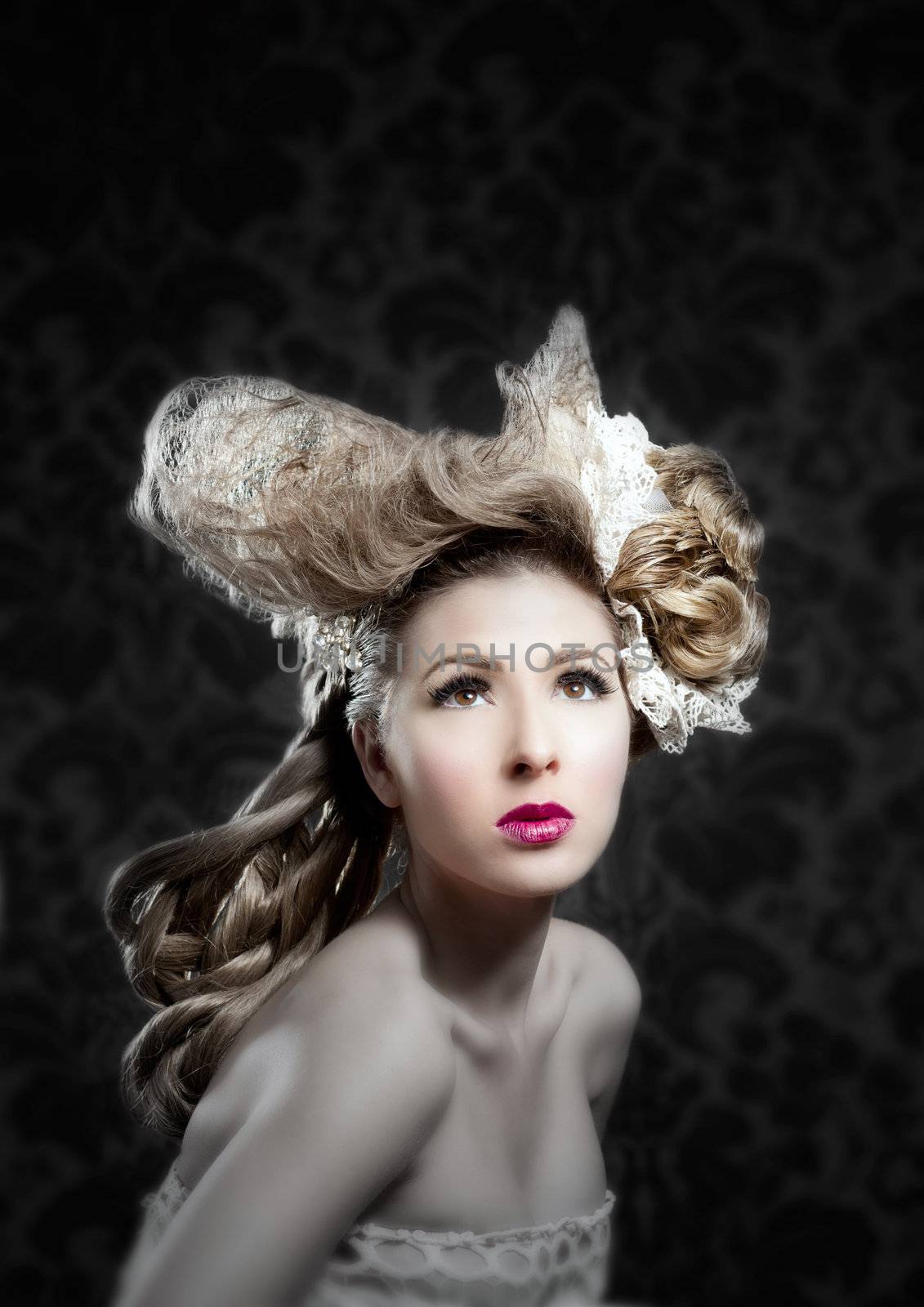 Hairdressing and makeup fashion girl on dark background