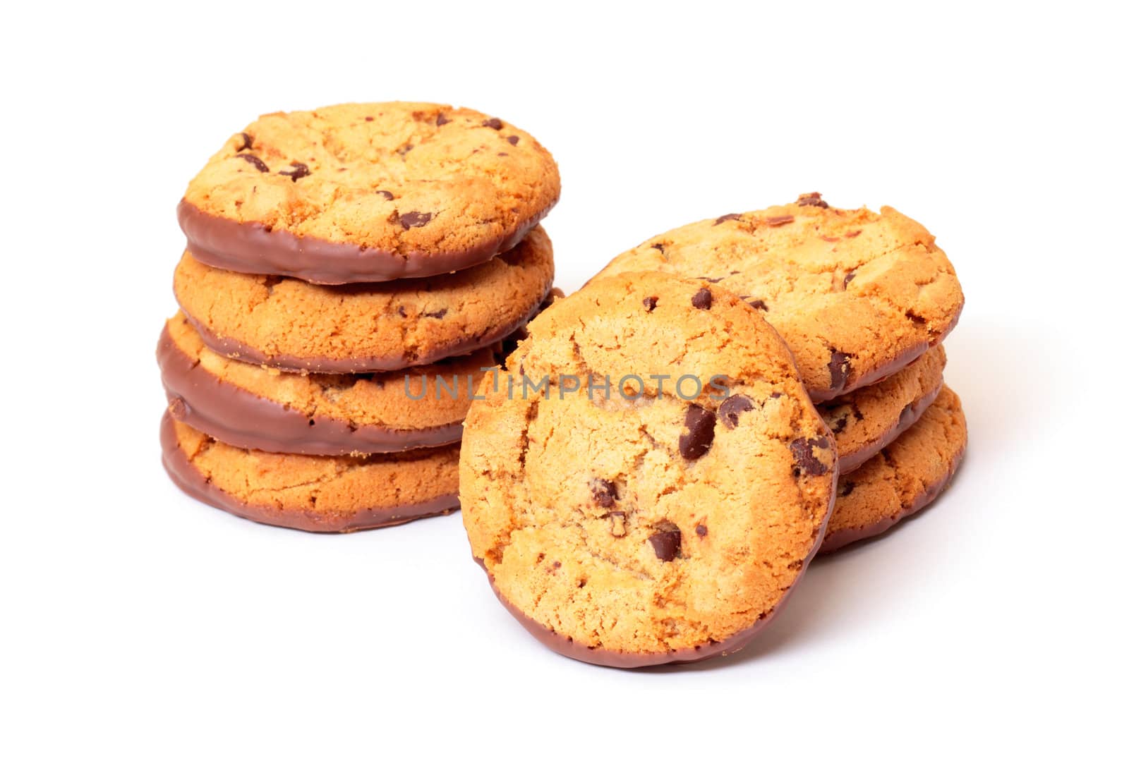 Crispy Chip Biscuits with chocolate, on white background