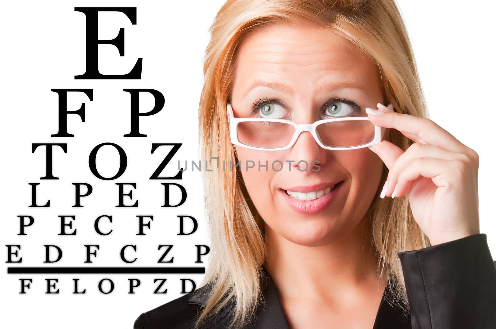 Worried bussinesswoman with glasses looking at an eyechart, isolated in a white background