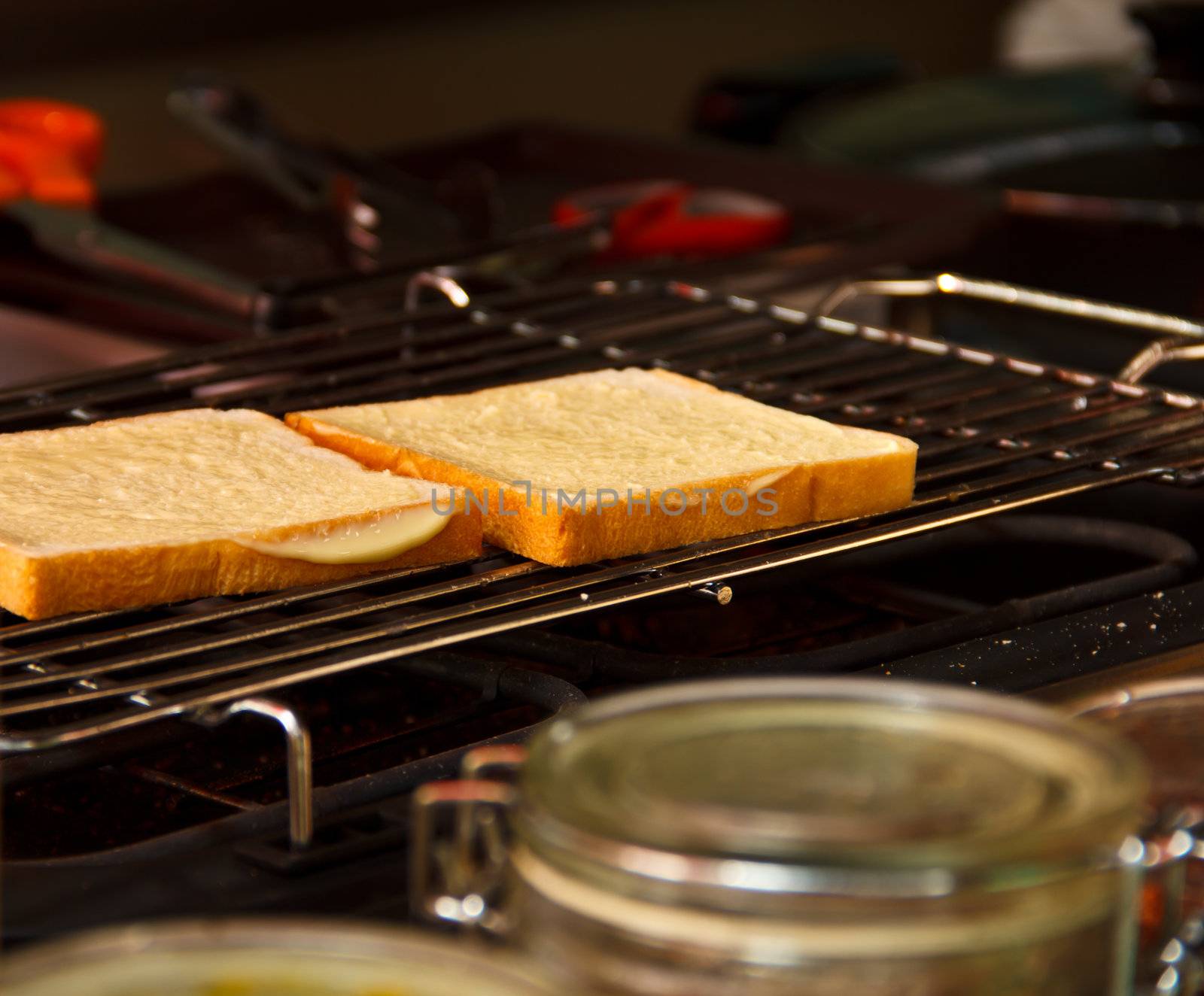 Sliced Sandwich bread on the electric grill