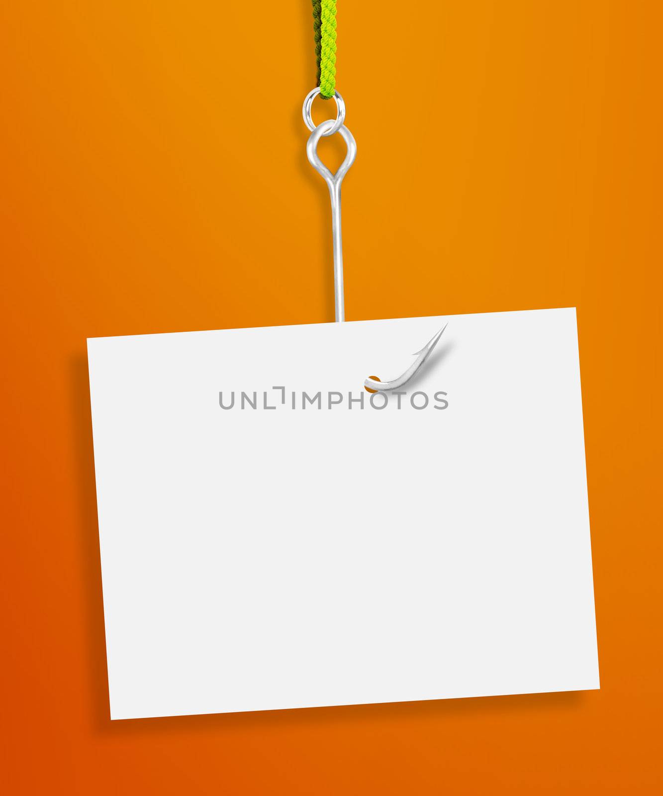 Blank sheet of paper hanging on a fishing hook on orange background
