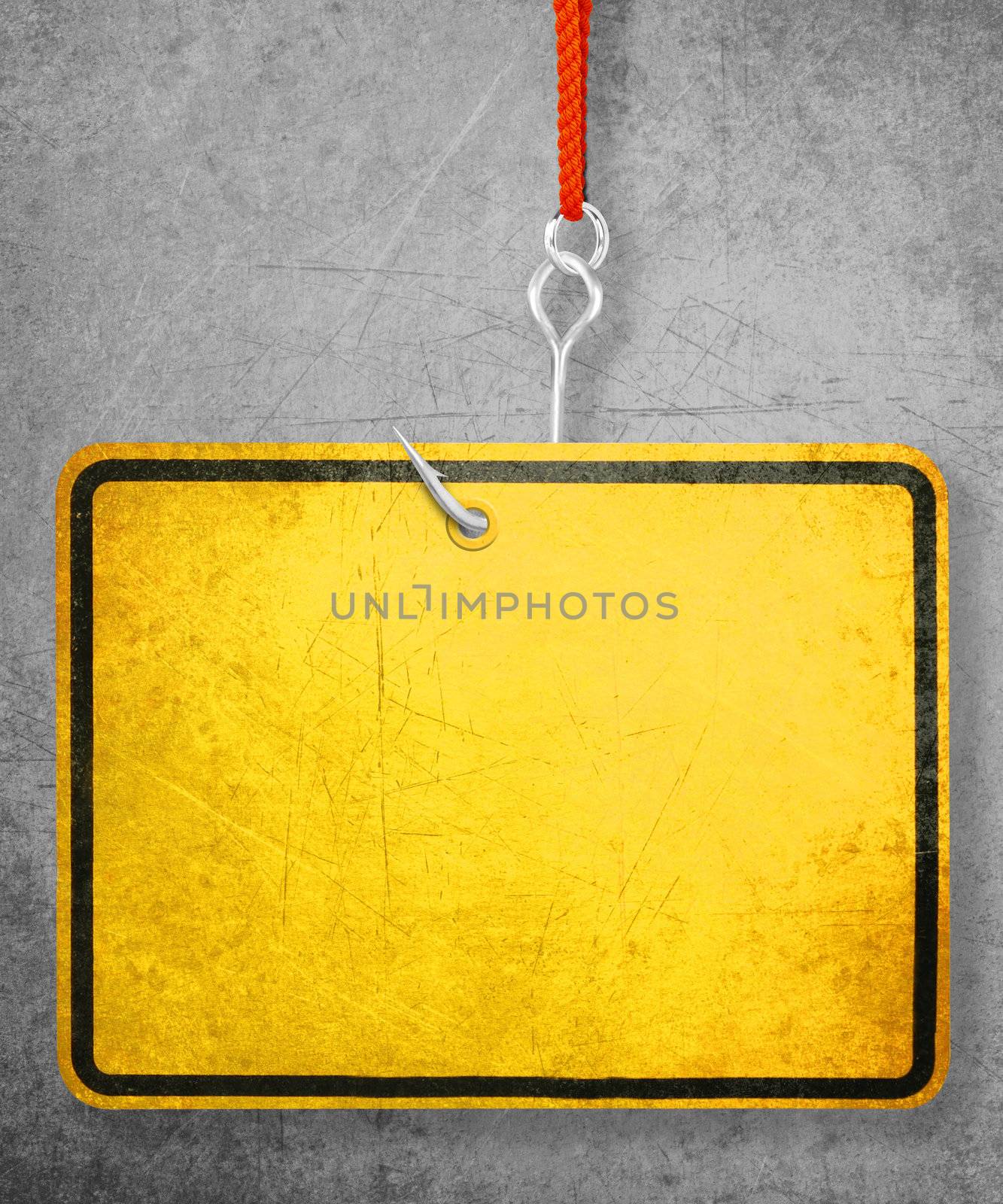 Alert yellow sign hanging by fishhook, conceptual image for under construction and coming soon