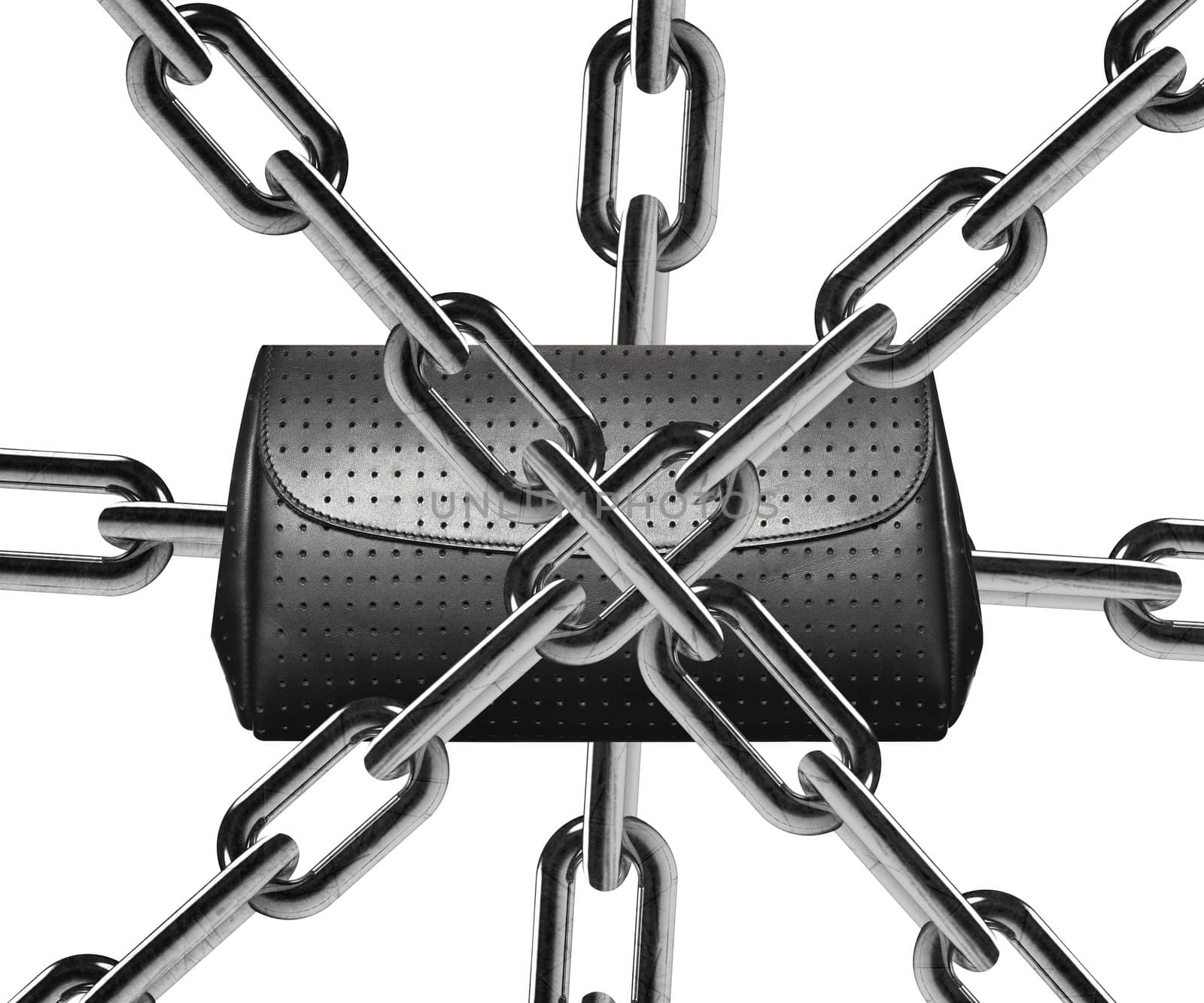 Metal chain around lady wallet.