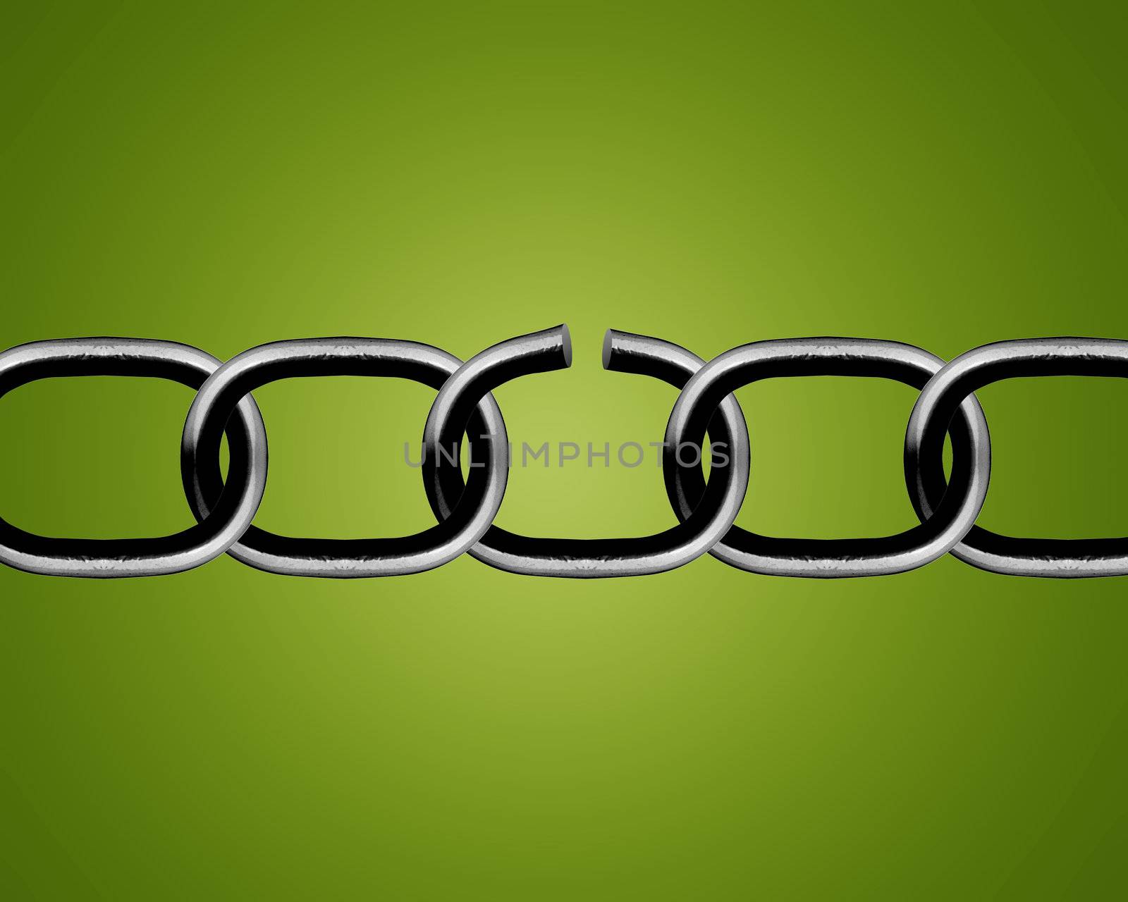 Broken metal chain parts on green background.