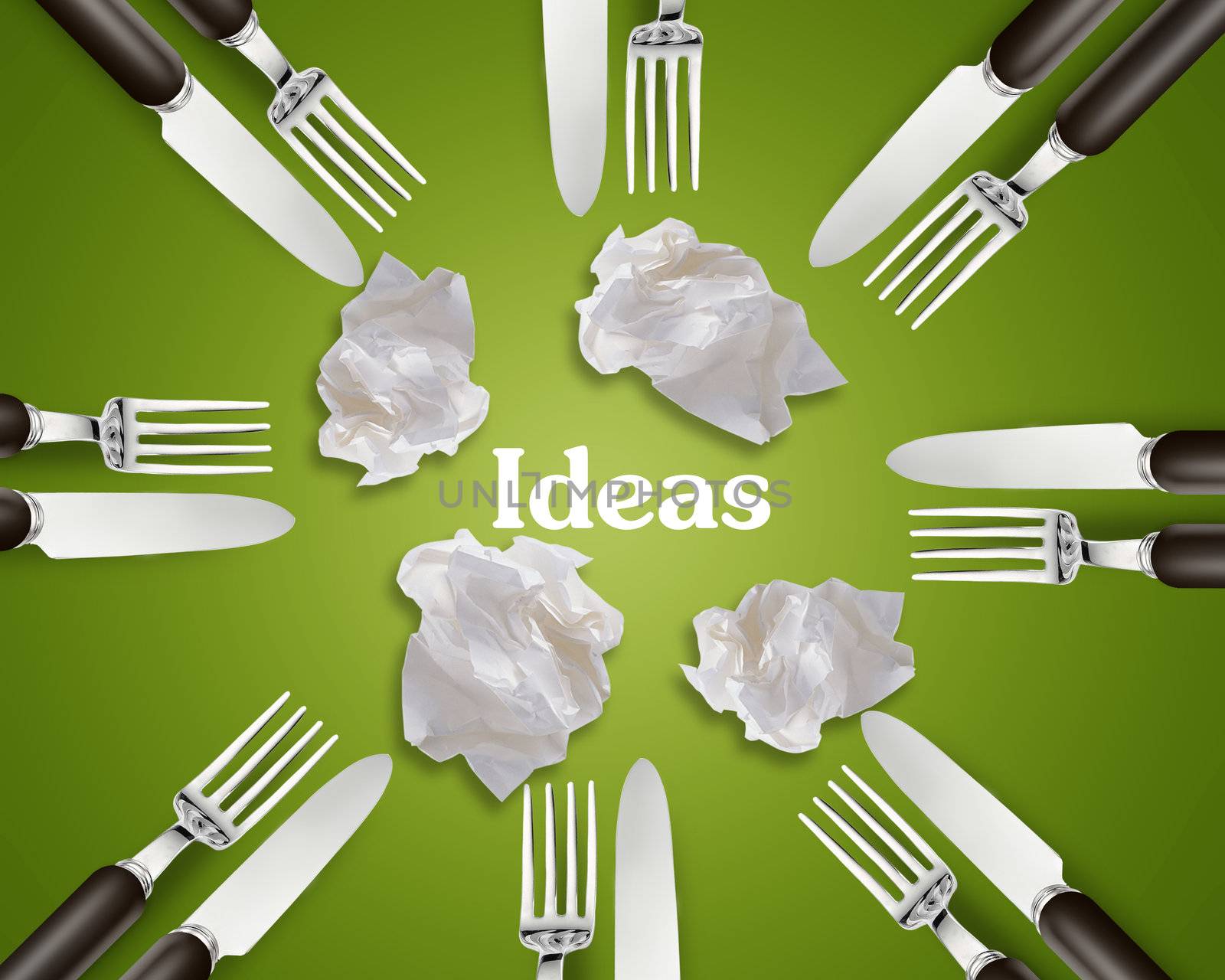 set of knives and forks on green background with Crumpled papers