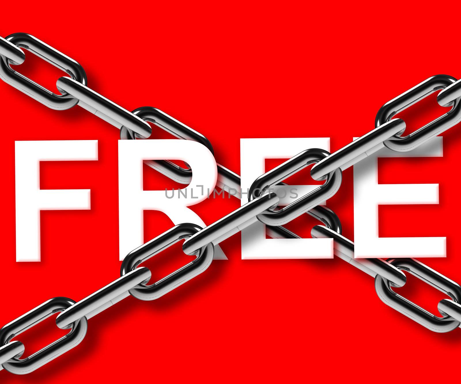 Metal chain parts over freedom word on red background.