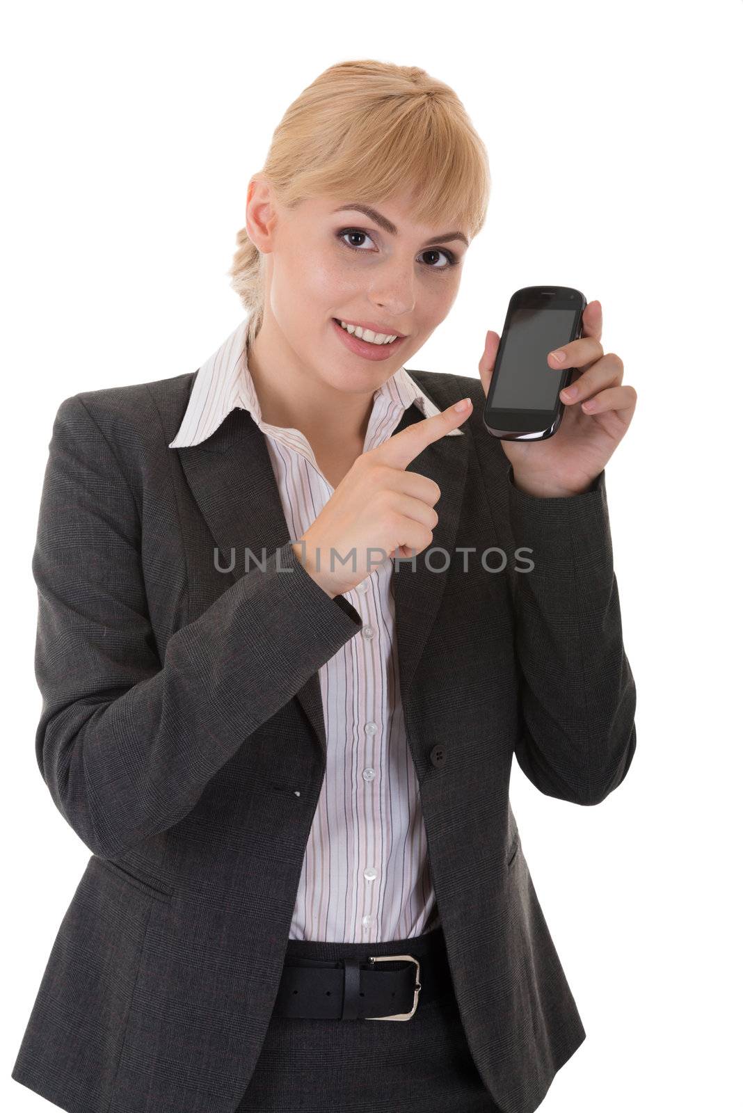 Young woman demonstrates a phone with touch screen by iryna_rasko