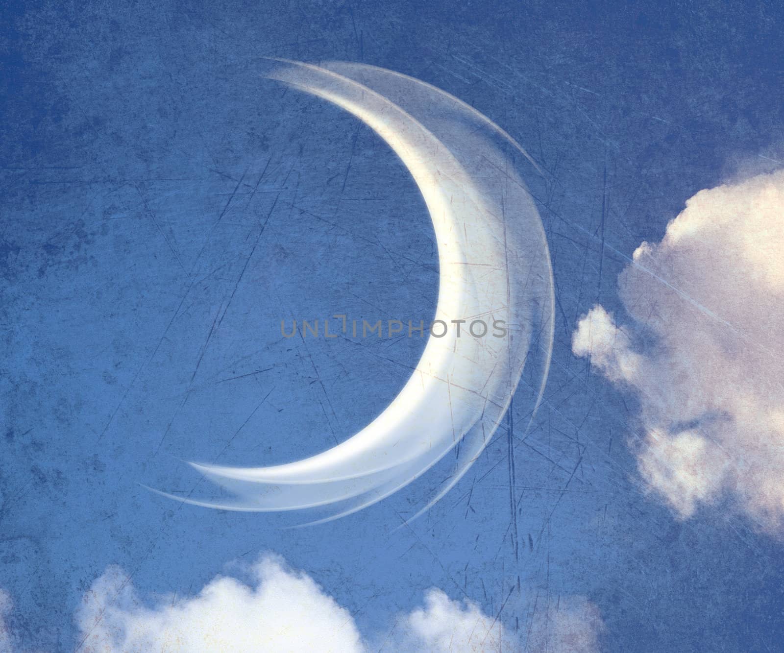 A fantasy cloudscape a crescent moon between clouds.