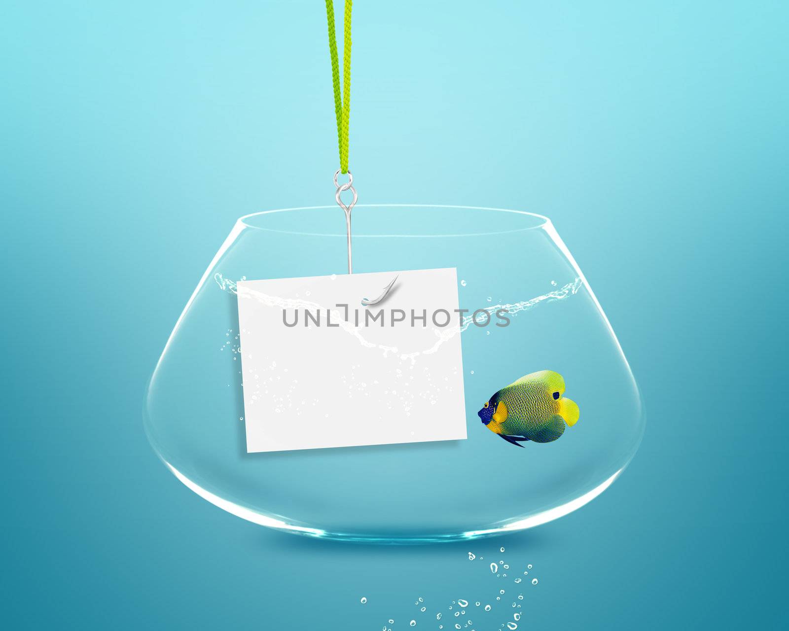 Anglefish in fish bowl with fishhook and note paper.