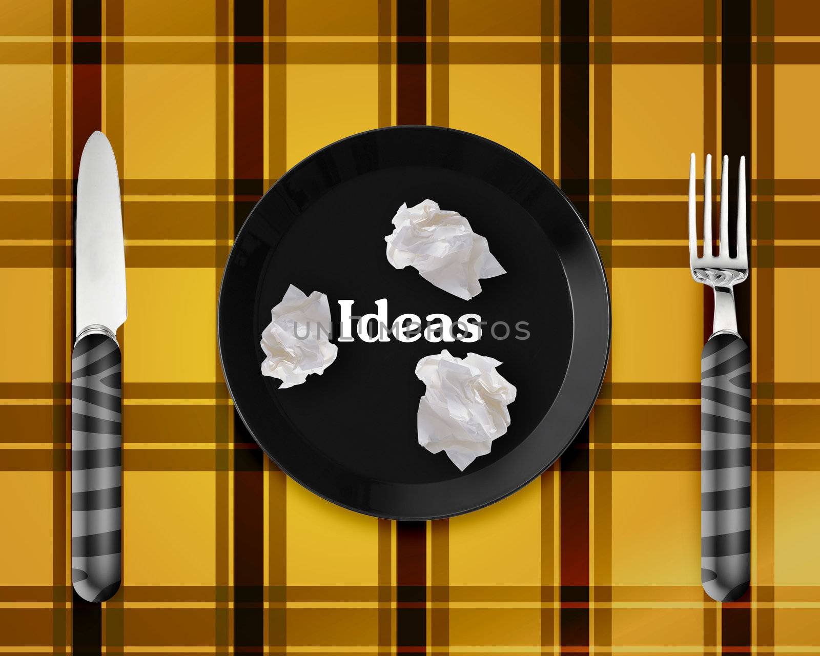 Empty Plate with Crumpled papers, knife and fork.