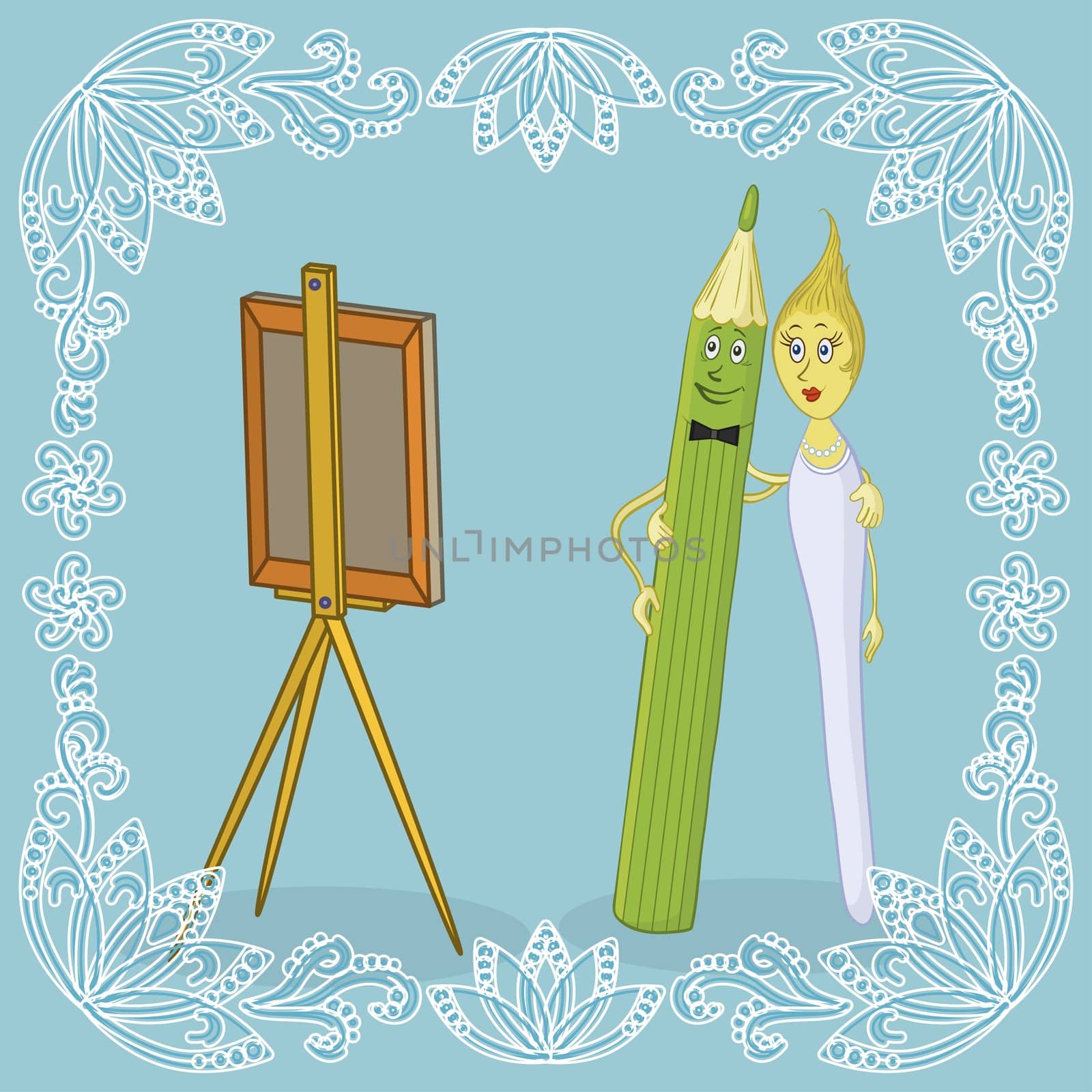 Cartoon family: man pencil, woman brush and easel. Border of white outline symbolic flowers