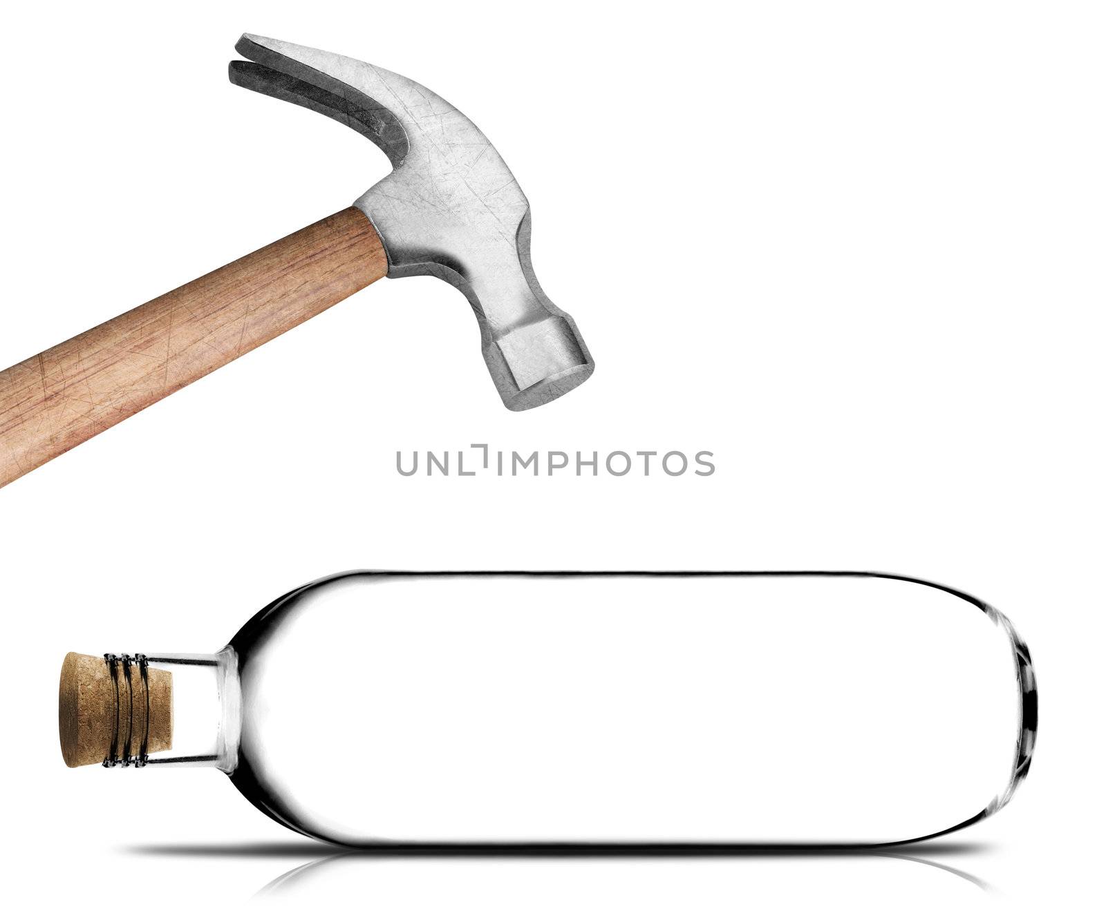 Hammer hitting empty bottle .