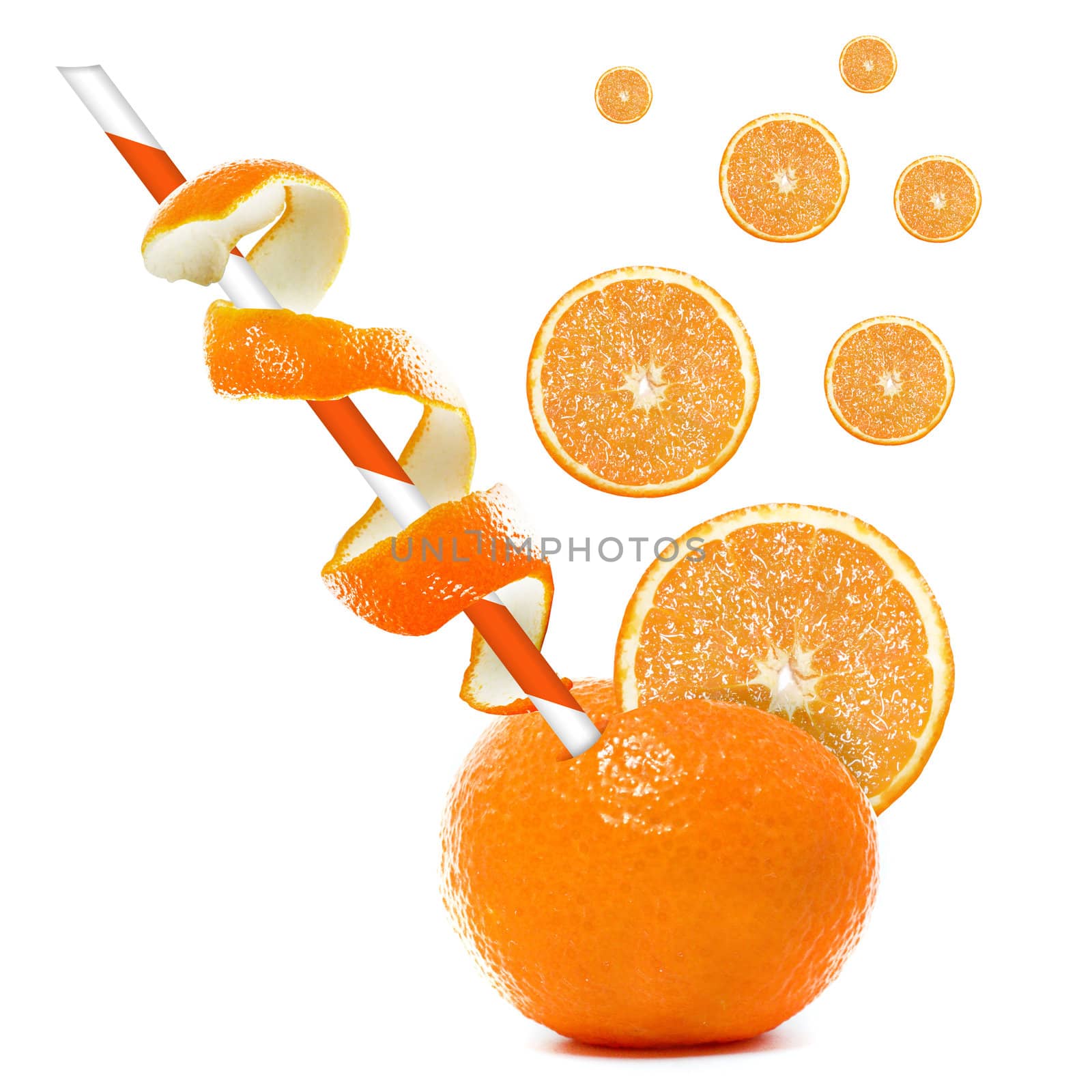 Fresh Orange and slices of orange with straw.