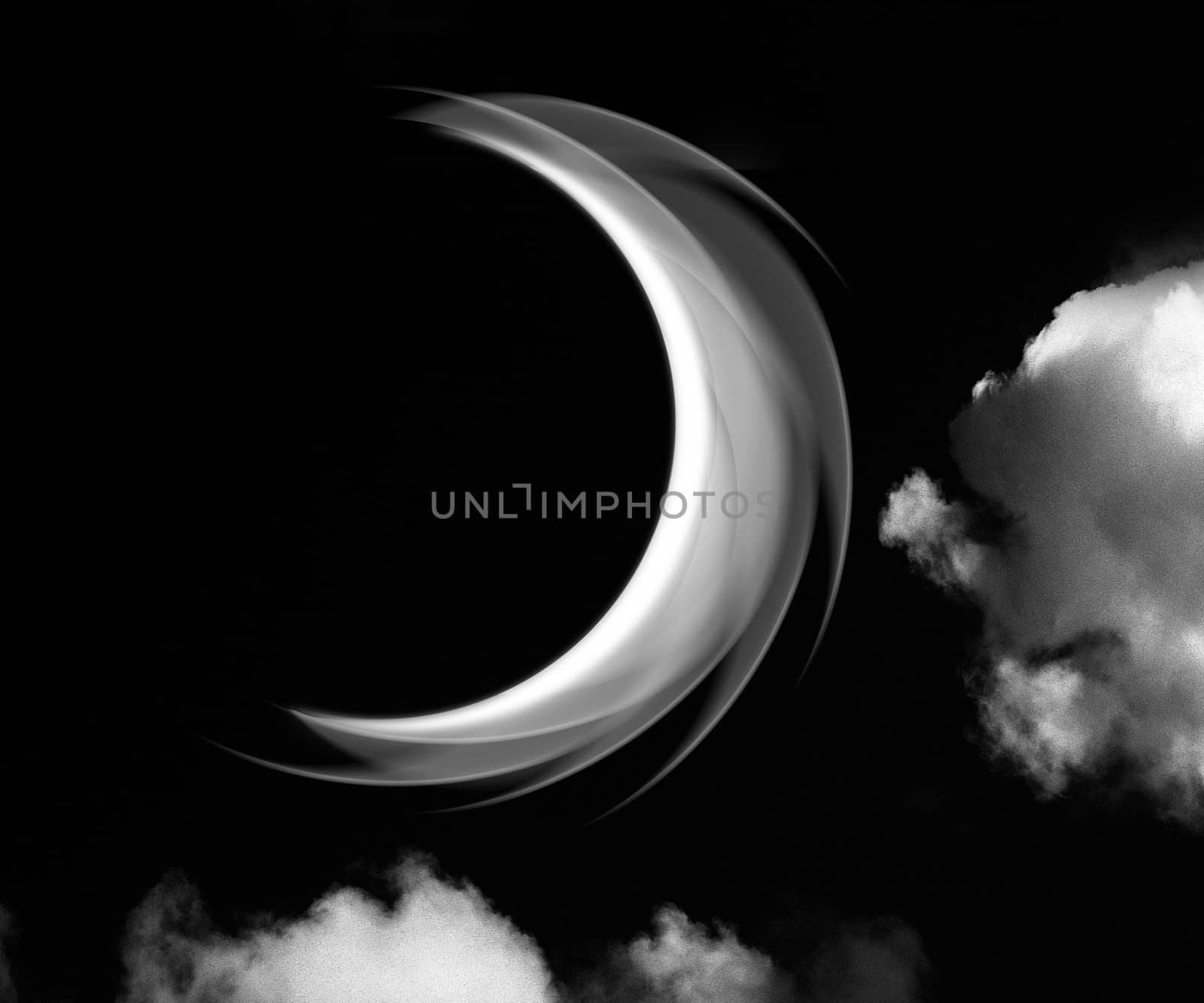 A fantasy cloudscape a crescent moon between clouds.