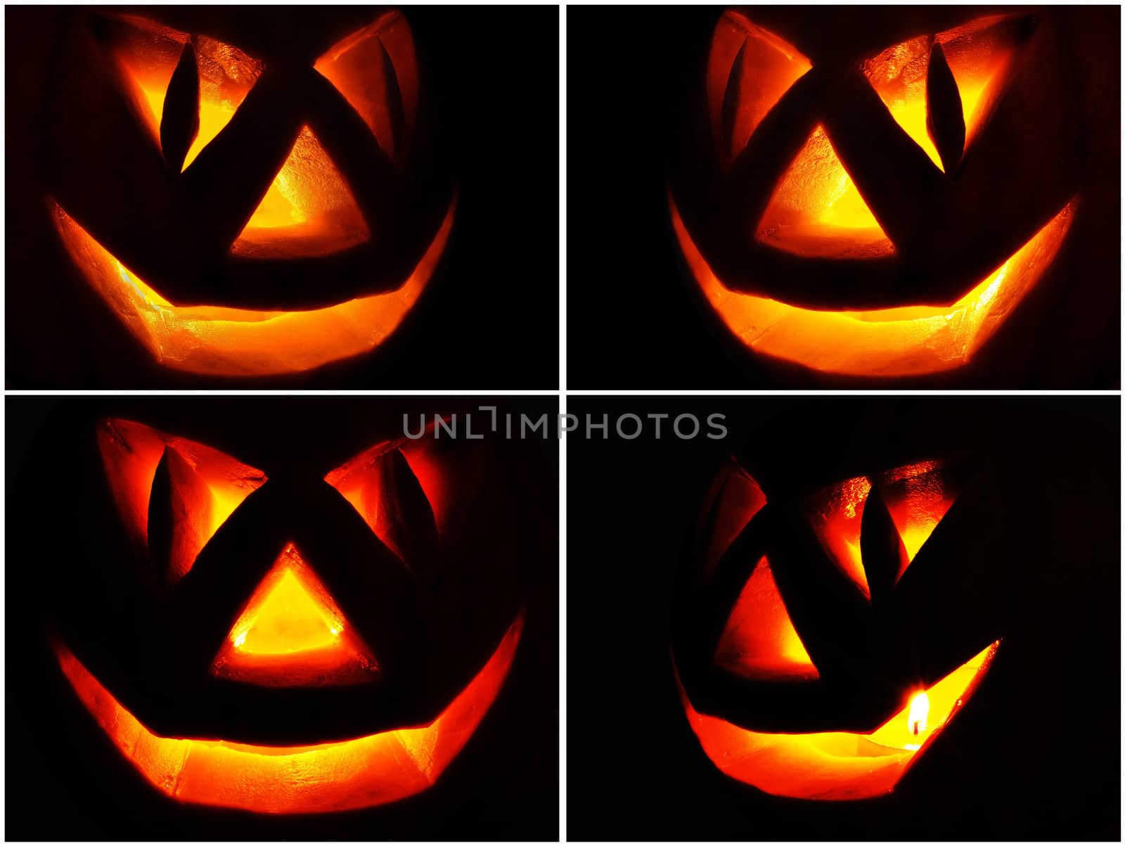 Symbol of Halloween holiday: a pumpkin O Lantern with a candle burning on black background, set