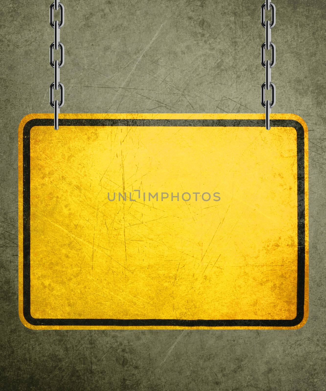 Alert yellow sign hanging by metal chain, conceptual image for under construction and coming soon