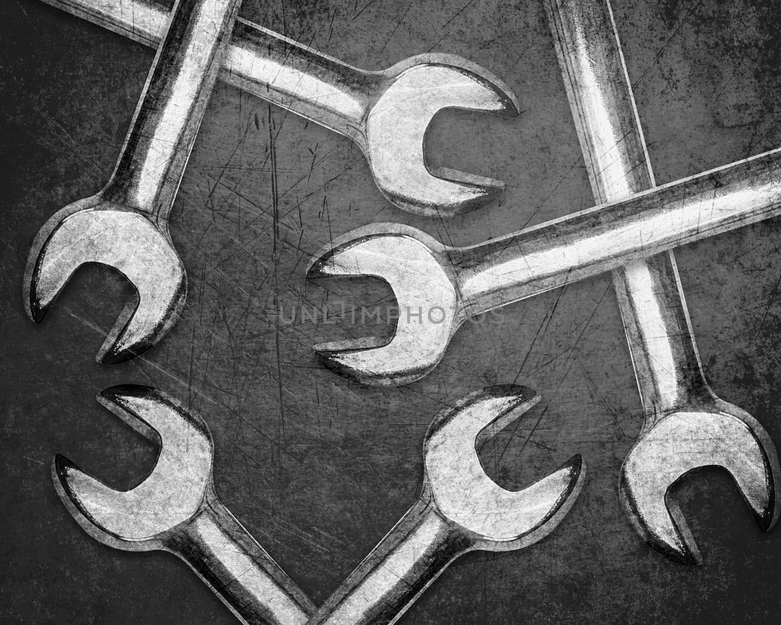 set of spanners or wrenchs on Scratched metal background.