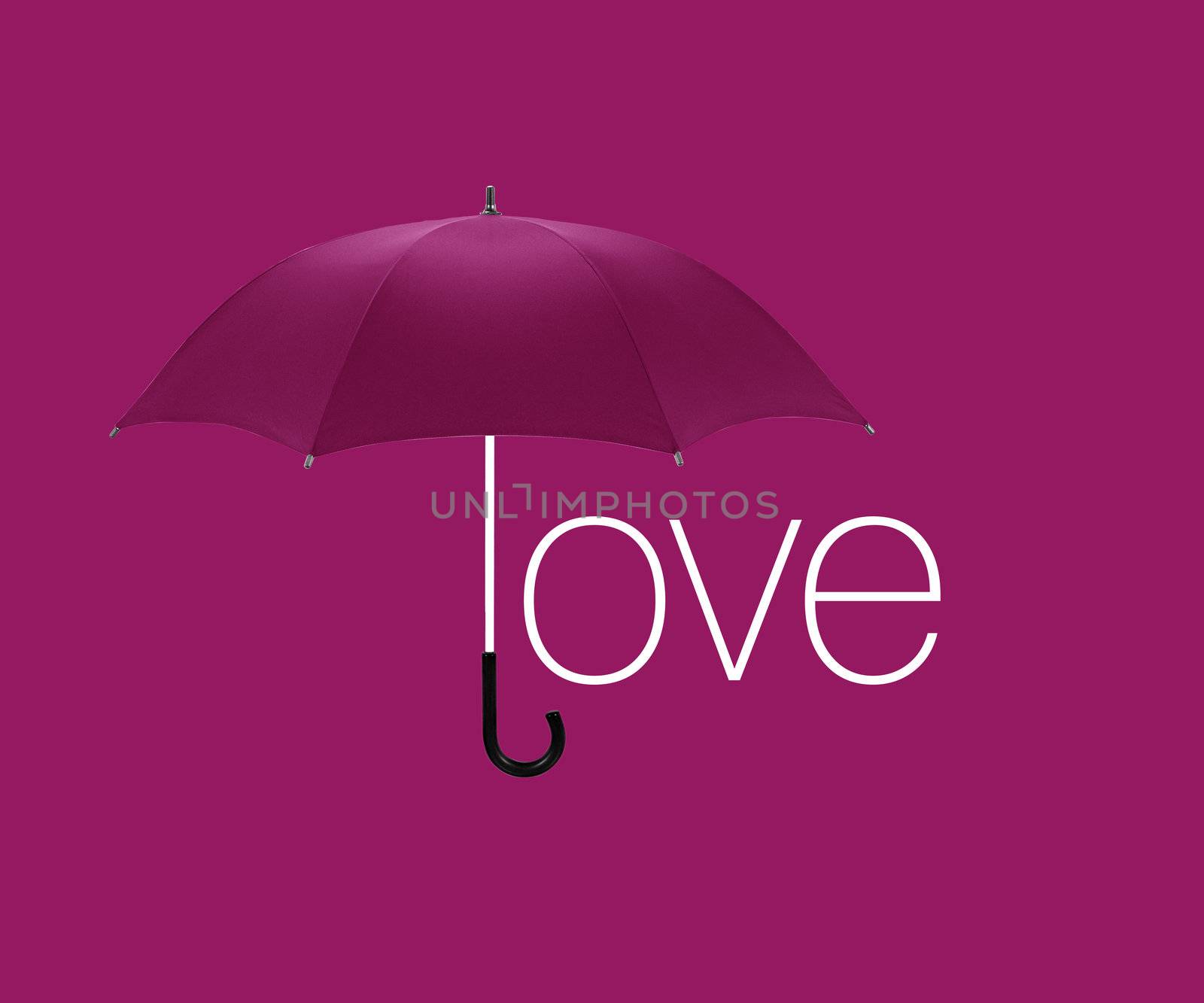 Umbrella inscription " love " on pink background.