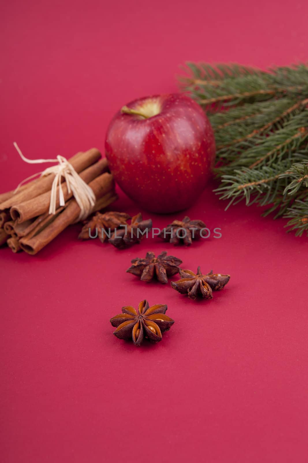 christmas decoration aromatic red apple, cinnamon, anise and tree on red background