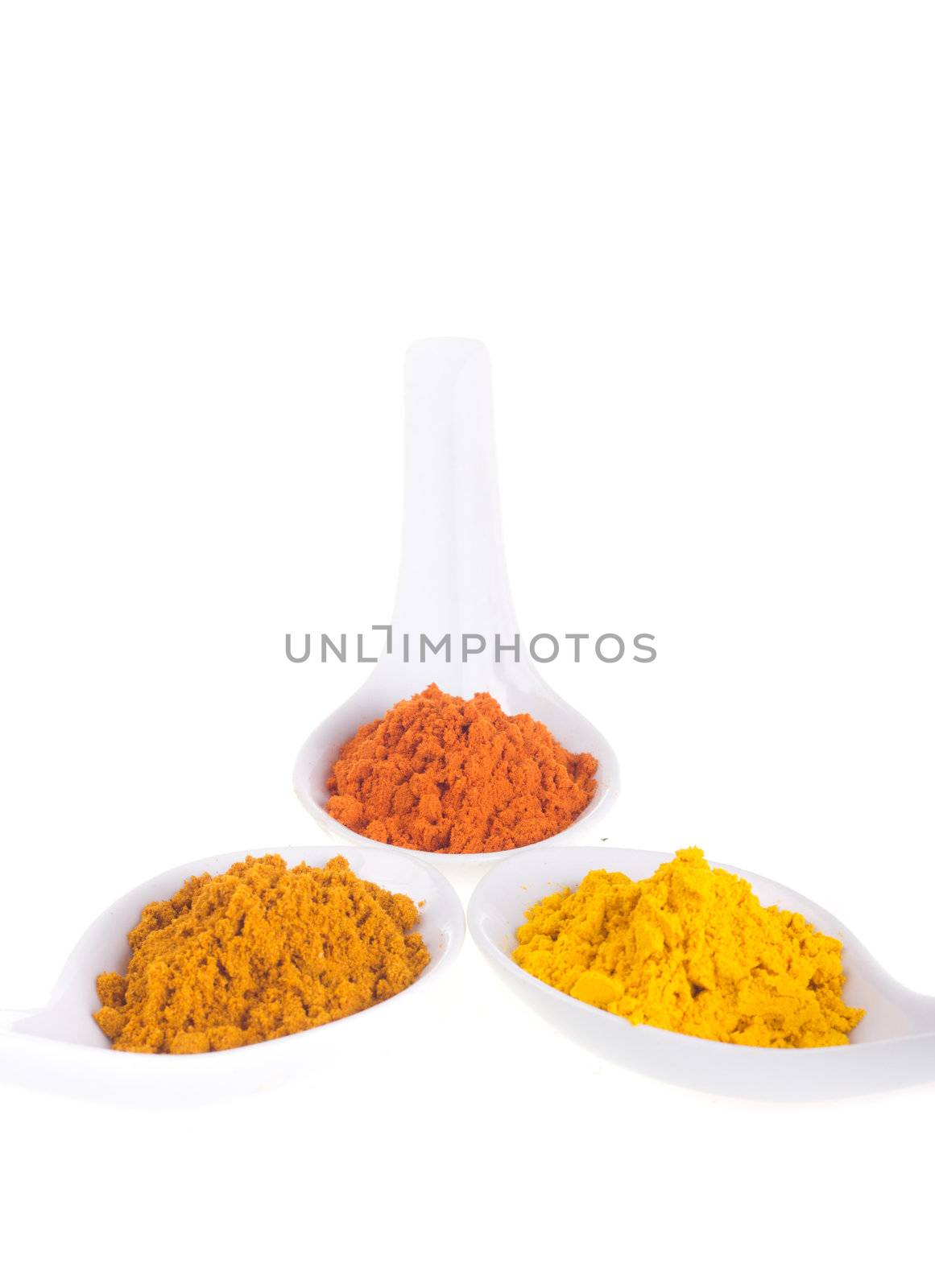 spices in the spoons on a white background