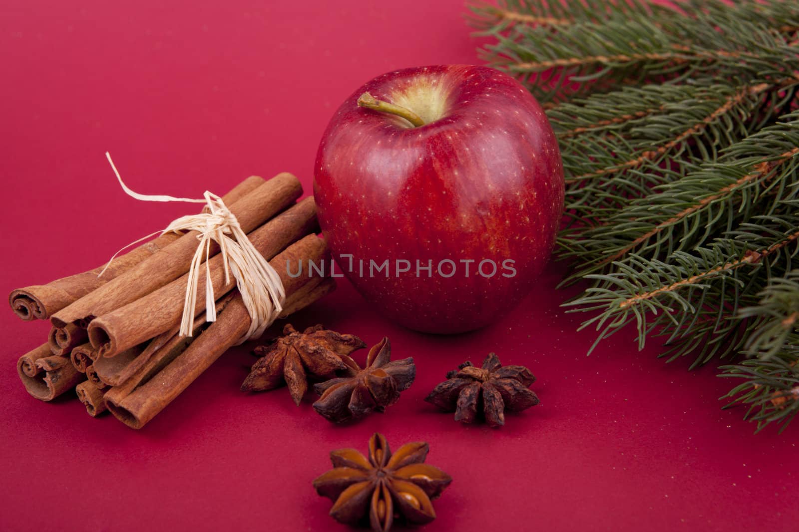 christmas decoration aromatic red apple, cinnamon, anise and tree on red background