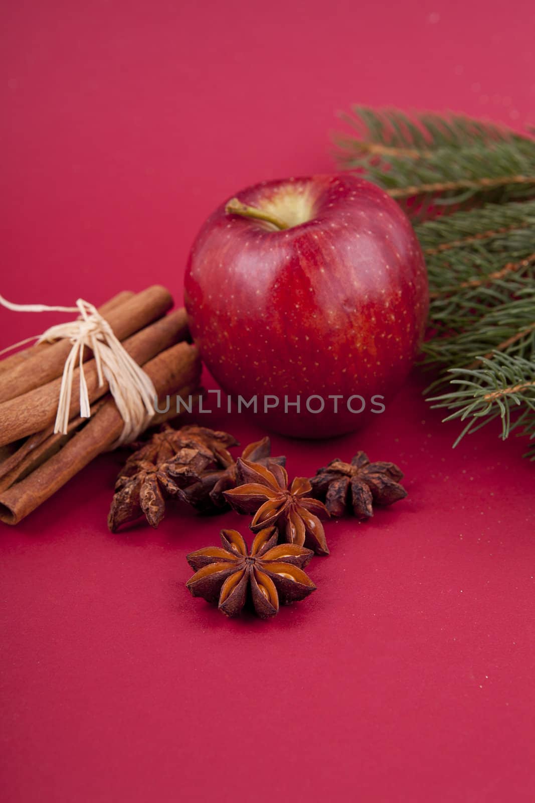 christmas decoration aromatic red apple, cinnamon, anise and tree on red background