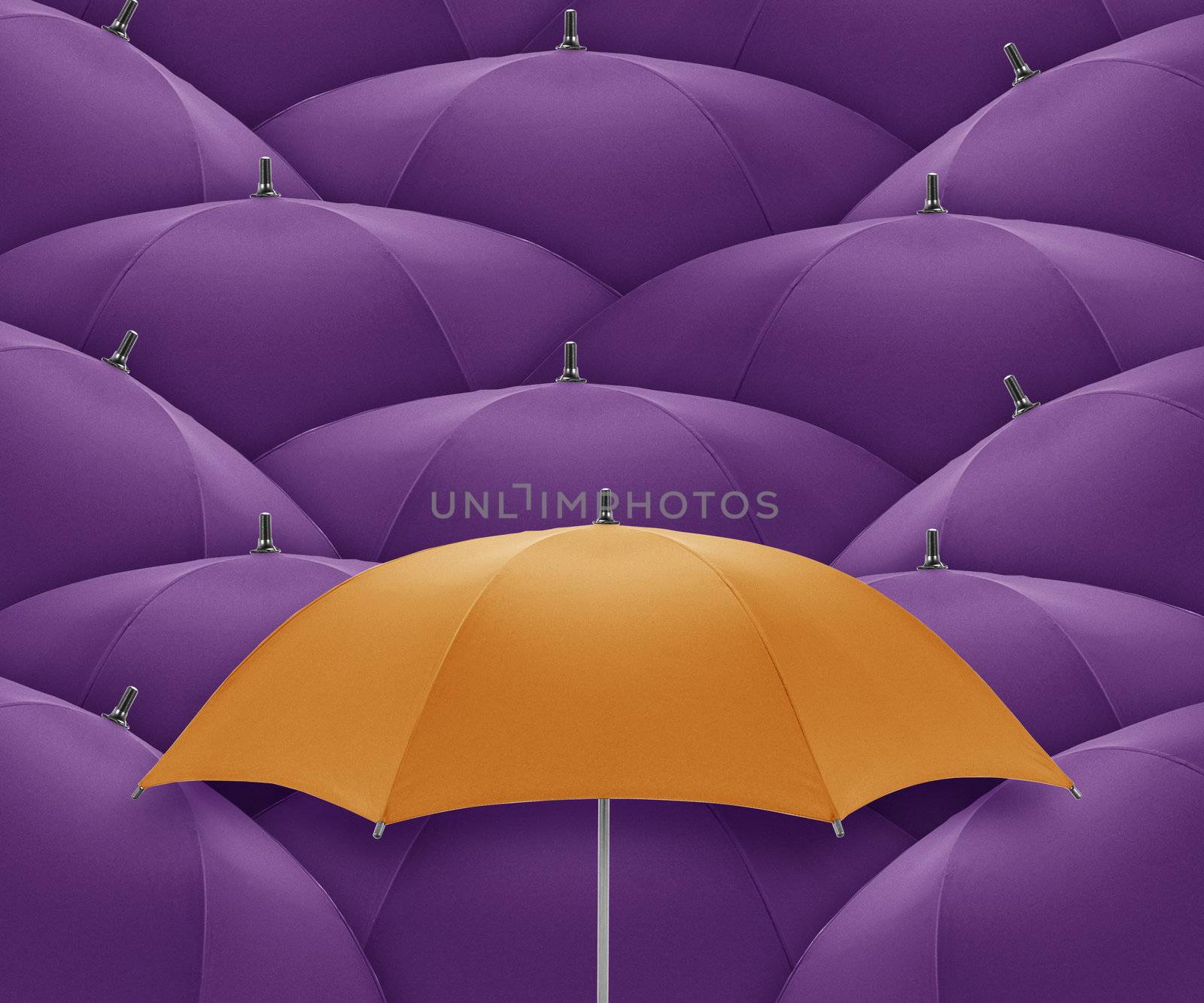 Orange umbrella Stand out of a crowd, individuality and unique