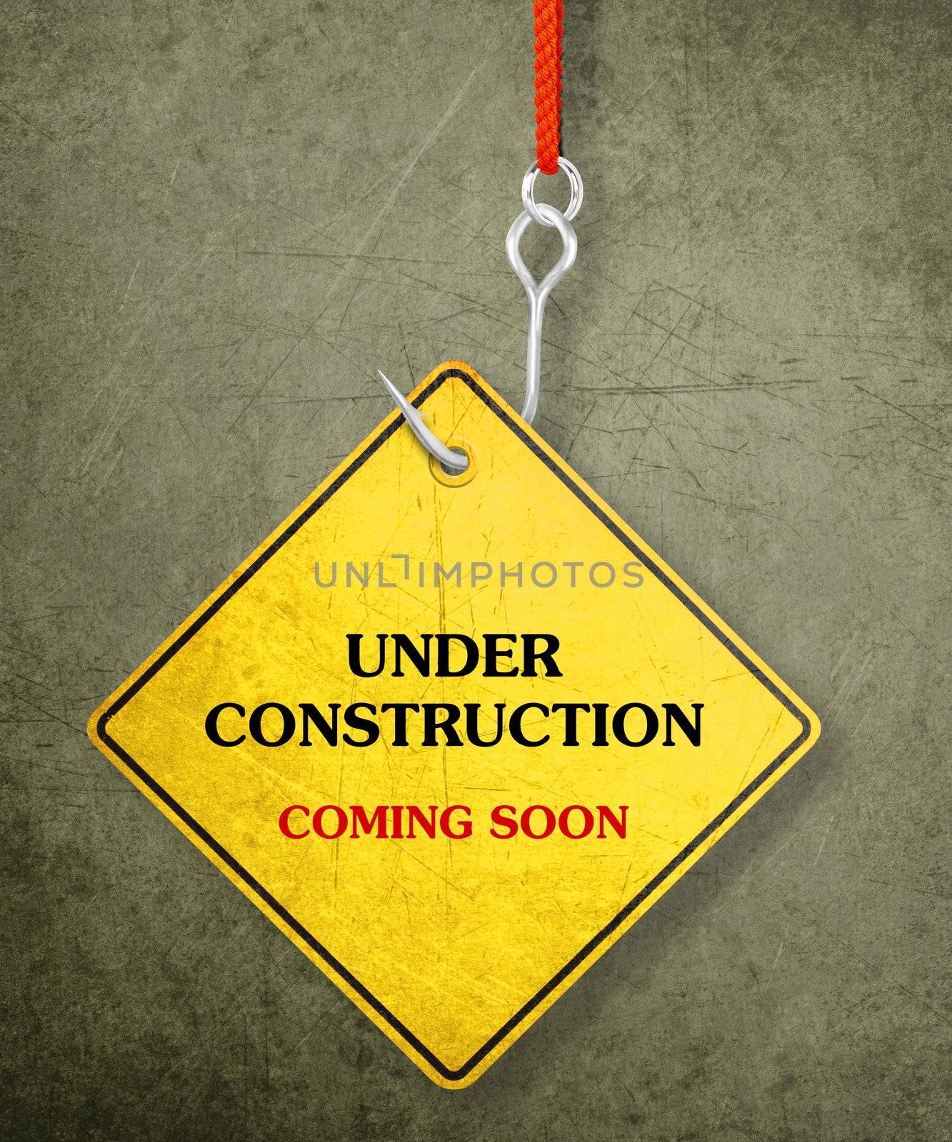 Alert yellow sign hanging by fishhook, conceptual image for under construction and coming soon