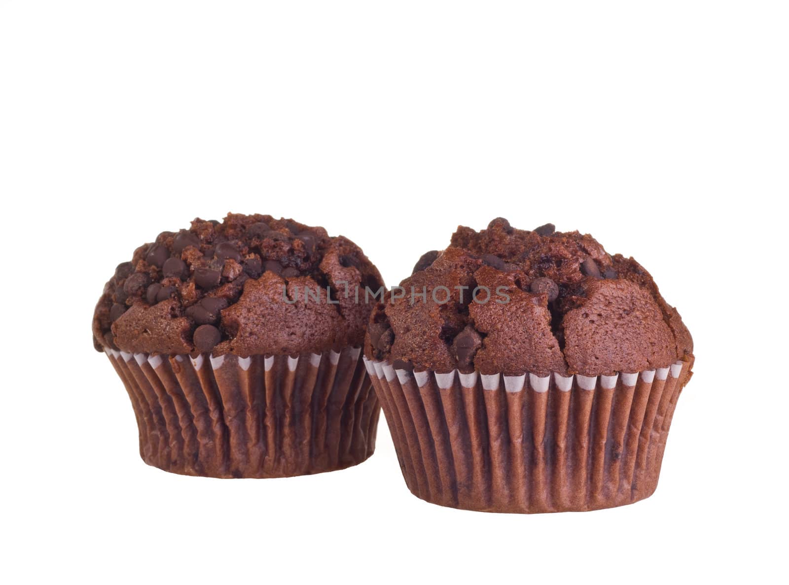 Chocolate muffin isolated on white background.