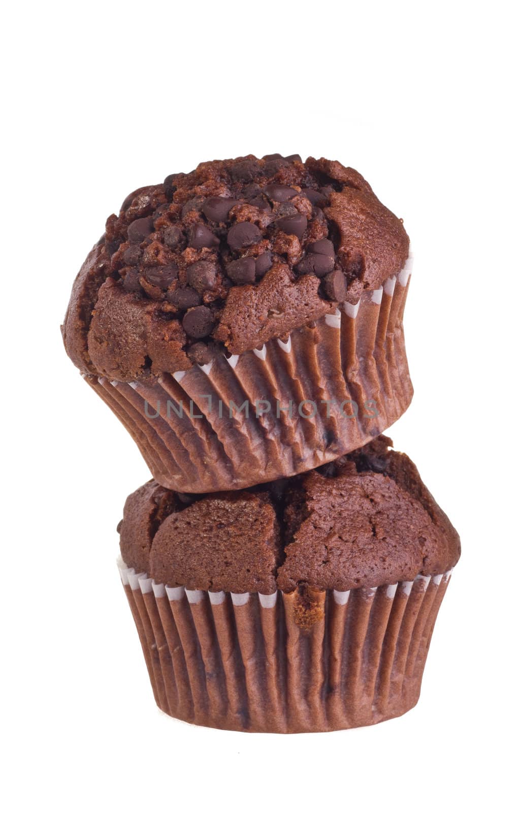 Chocolate muffin isolated on white background.