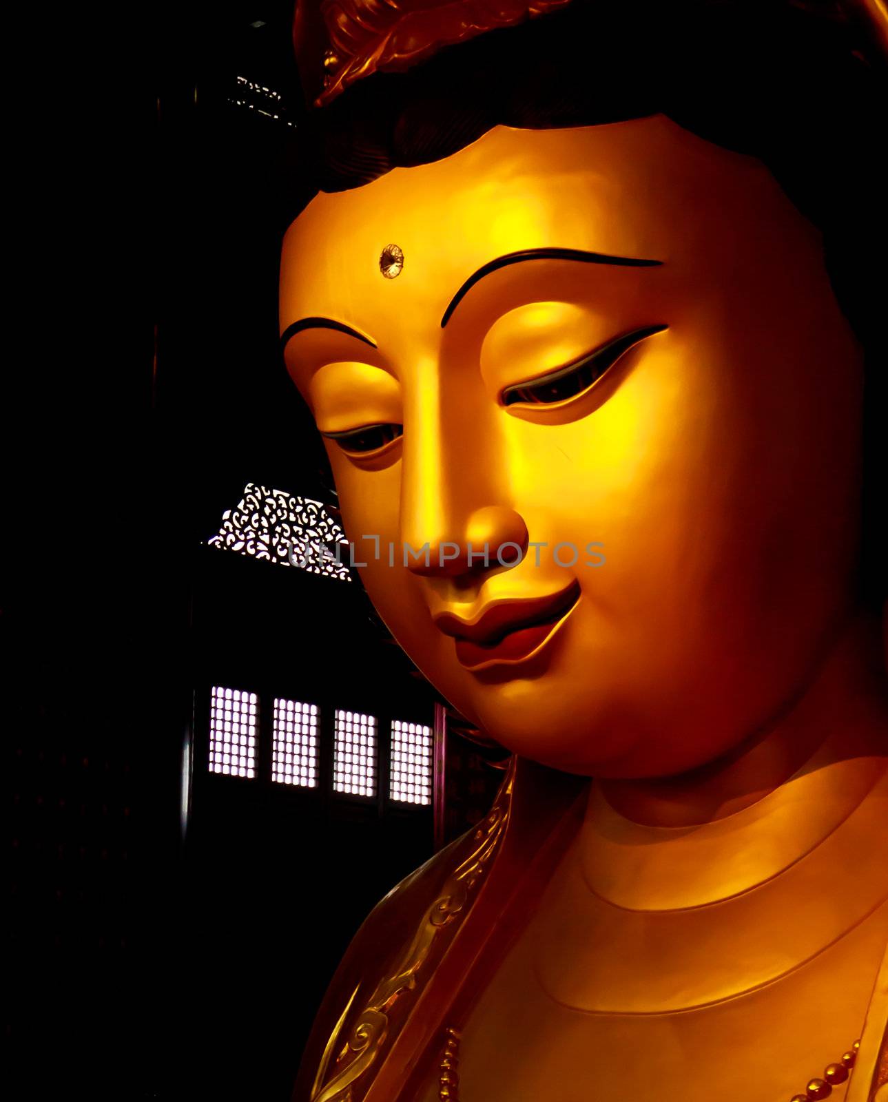 close up profile of face of Golden Guan Yin statue