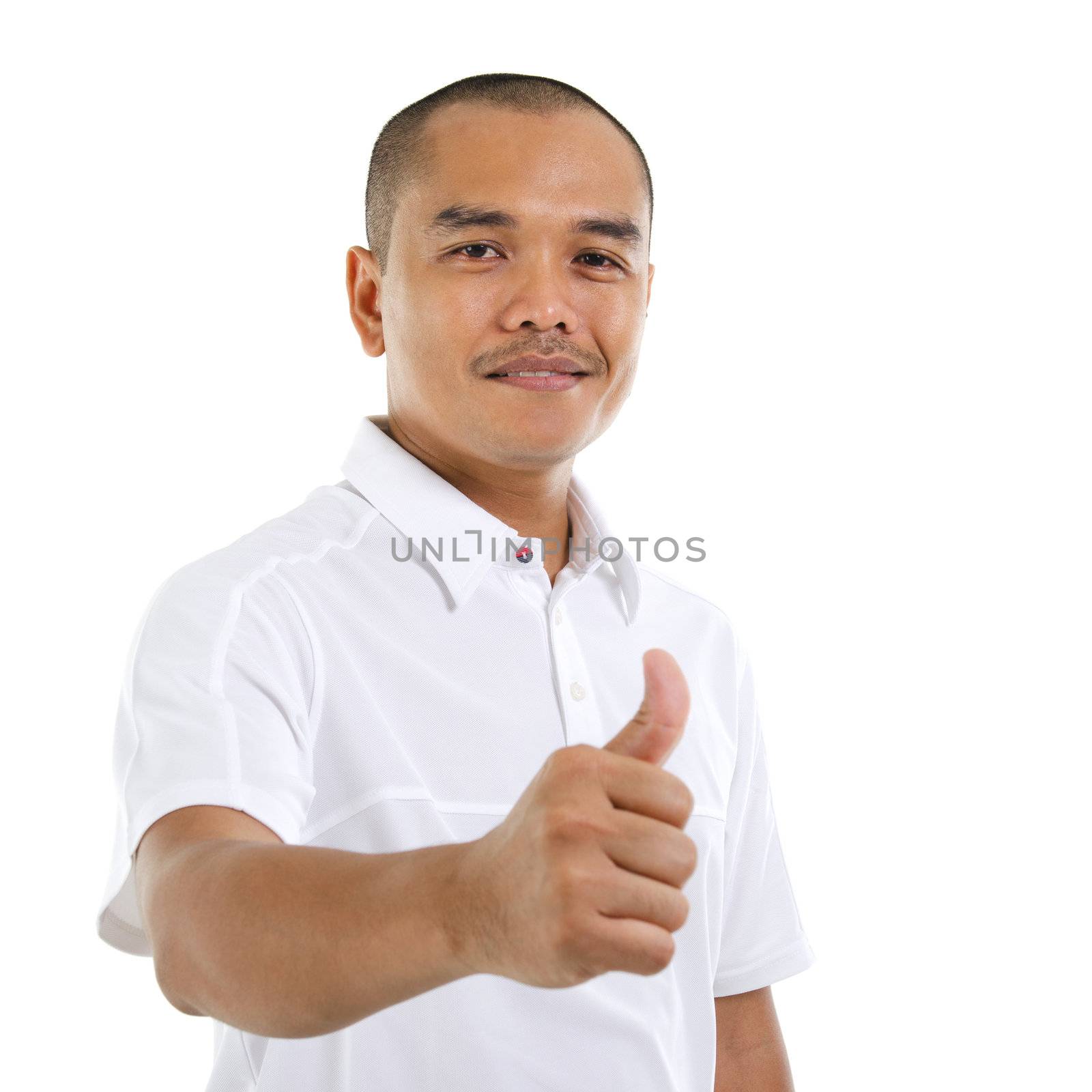 Thumb up good looking mature Southeast Asian man over white background