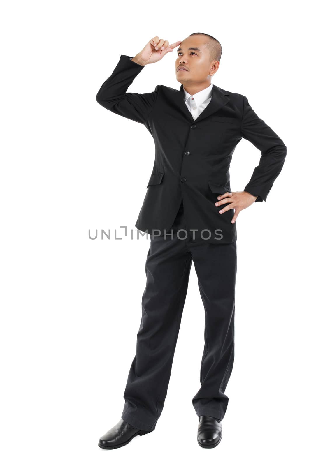 30s Southeast Asian business man having an idea, fullbody over white background