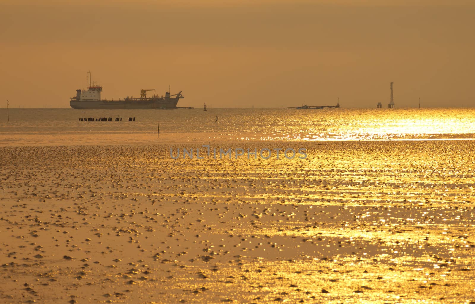Golden sea with ocean liner at sunset