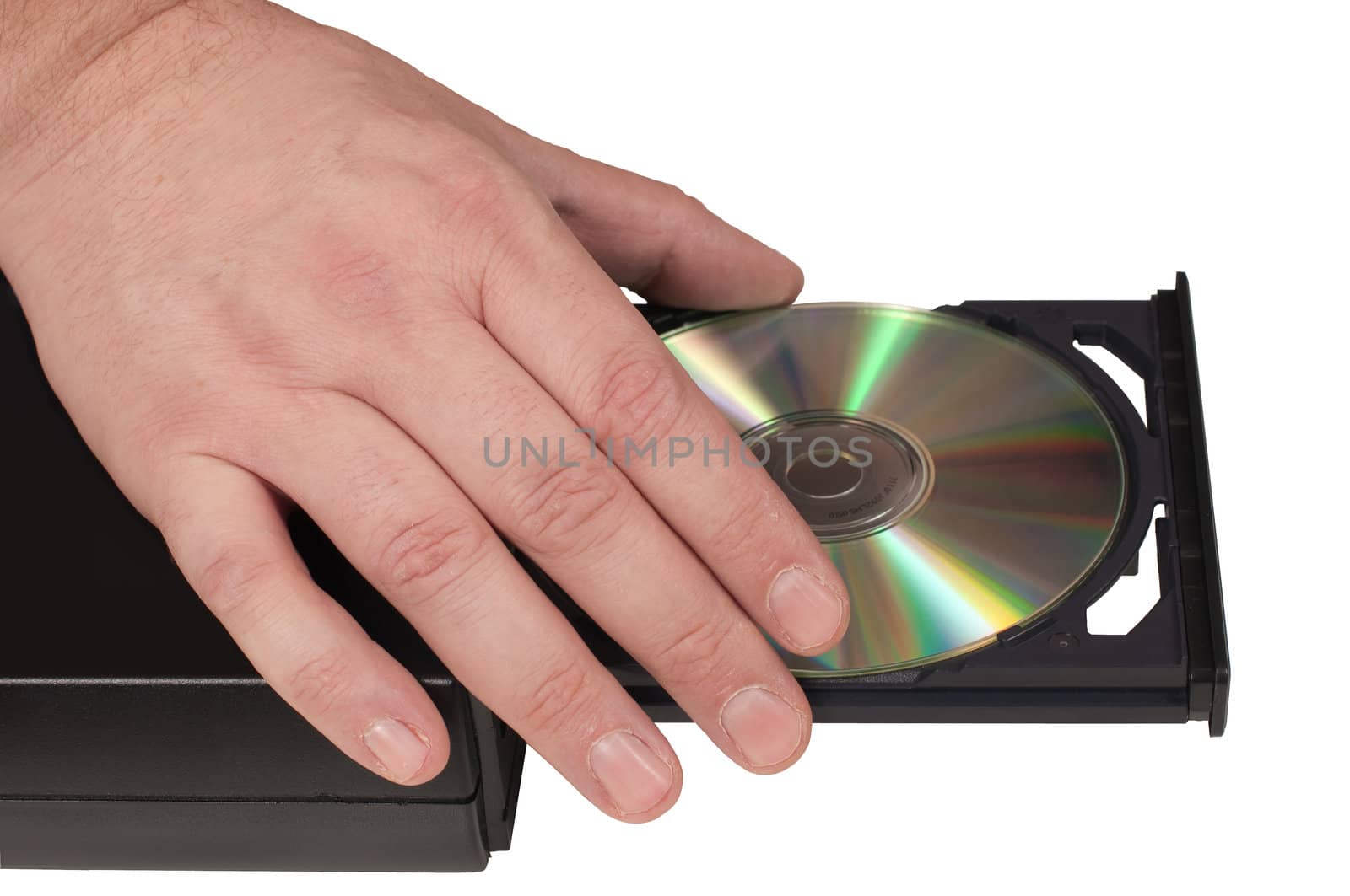 Hand placing a CD in a drive tray (2/3)