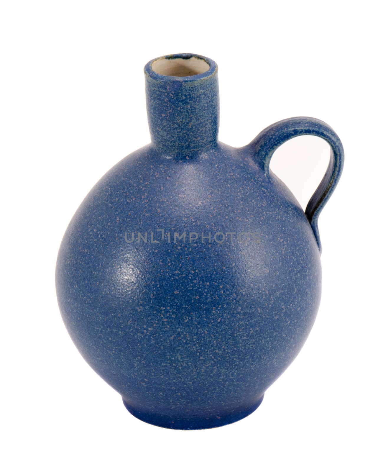 Blue ceramic jug vase with handle isolated on white background.