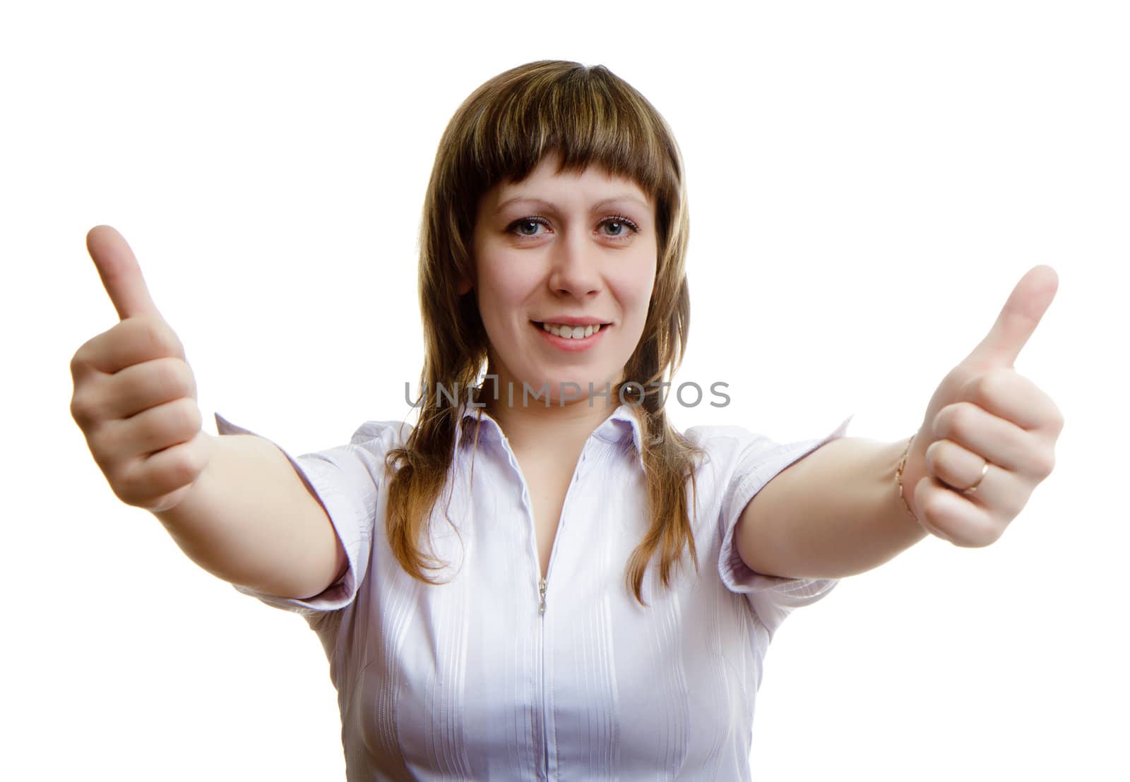 young girl with two thumbs up on a white background