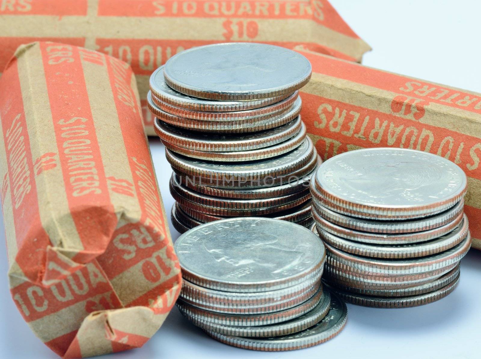 Macro closeup of a stack of quarters.