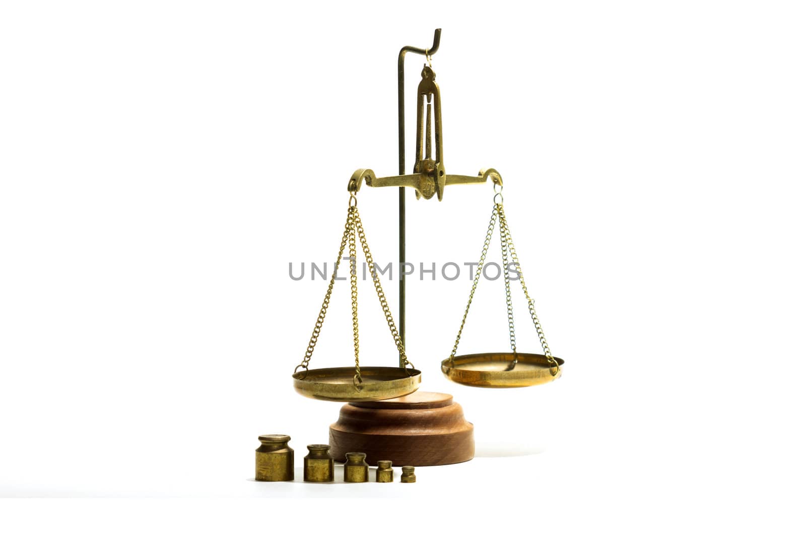 Scales balance and a set of weights on a white background