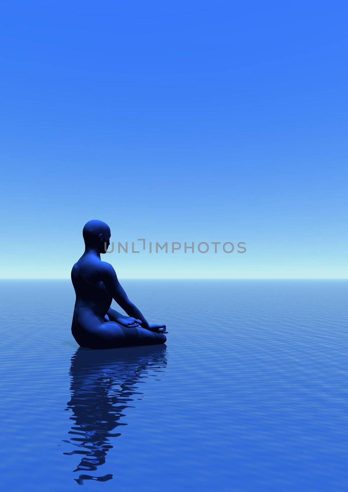 Man meditating upon the ocean in blue empty background