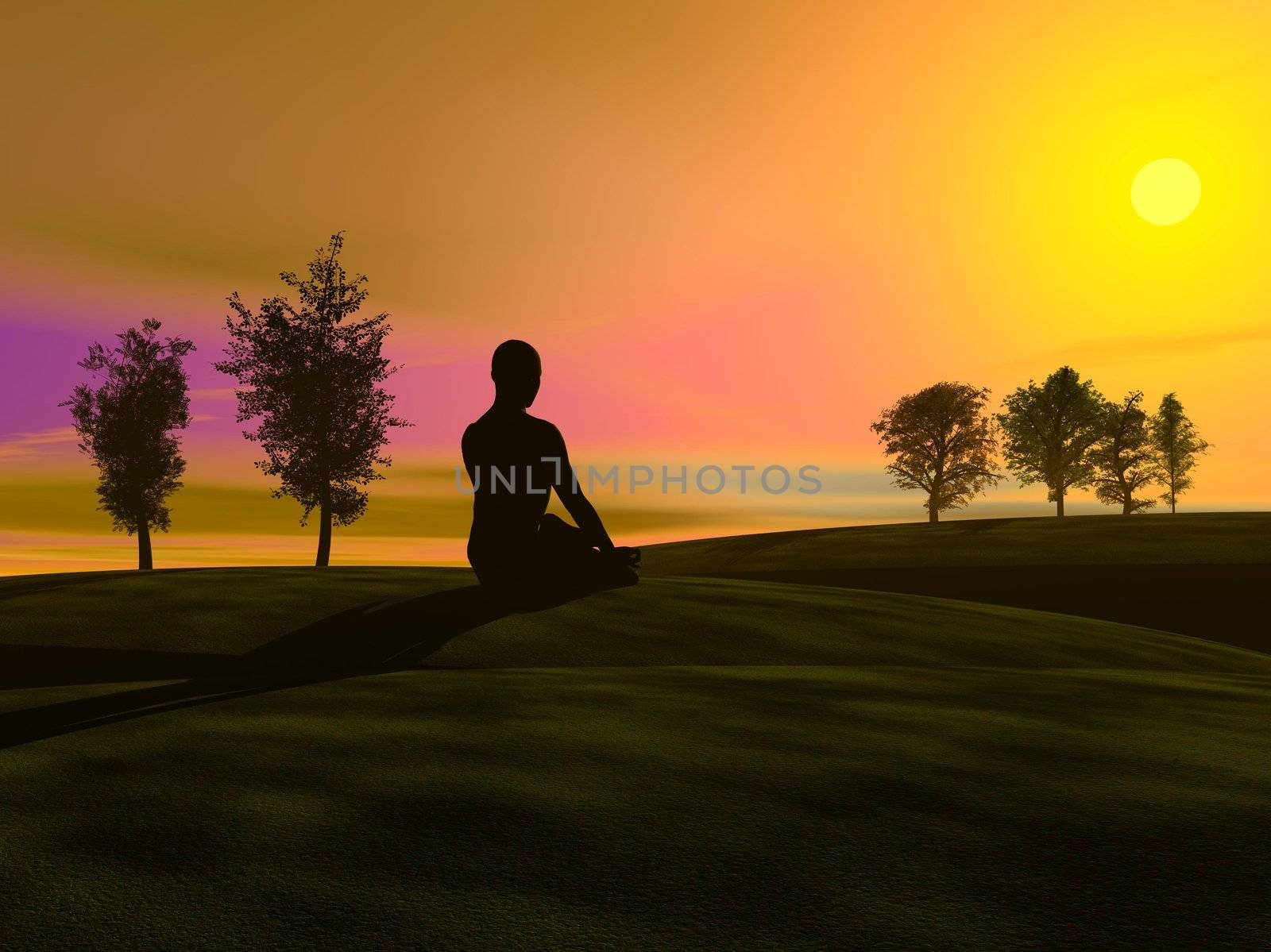 Shadow of a man meditating in the nature, on the grass next to trees by sunset