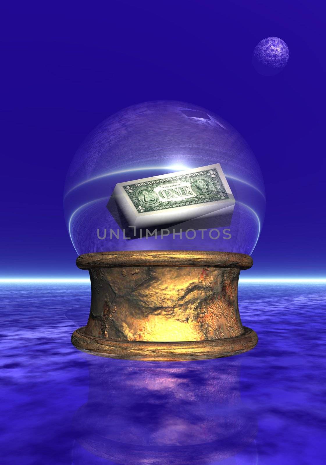 Amercian banBlue crystal ball upon golden base in black and blue background