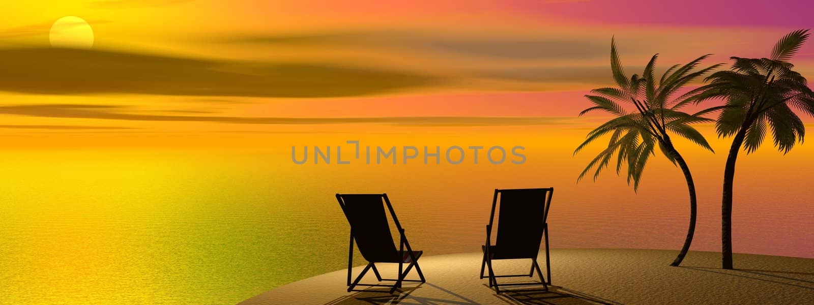 Two chairs and palm trees on the sand next to the sea by sunset