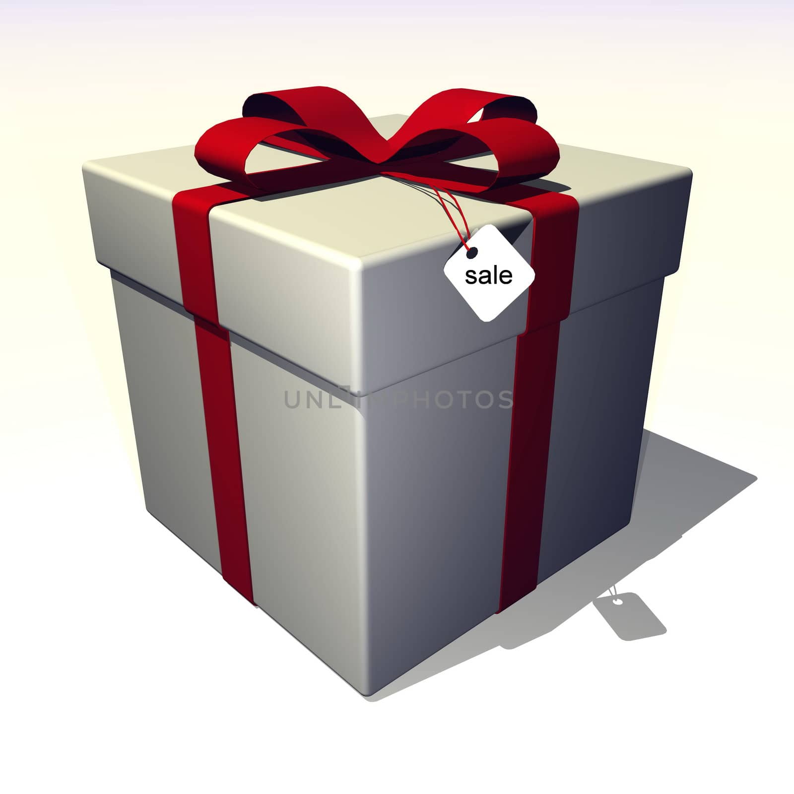 Gift box with red ribbon and label written sale