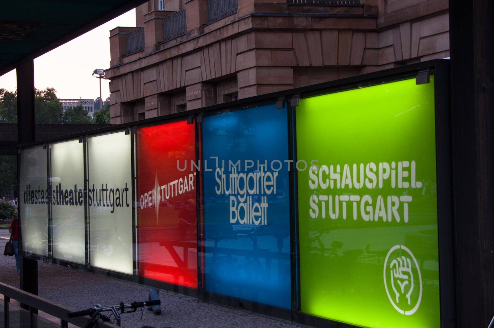 STUTTGART, GERMANY - JULY 25: Sign boards of the different theatres, opera and ballet of Stuttgart in front of the Opera building in Stuttgart, Germany on July 25, 2012.