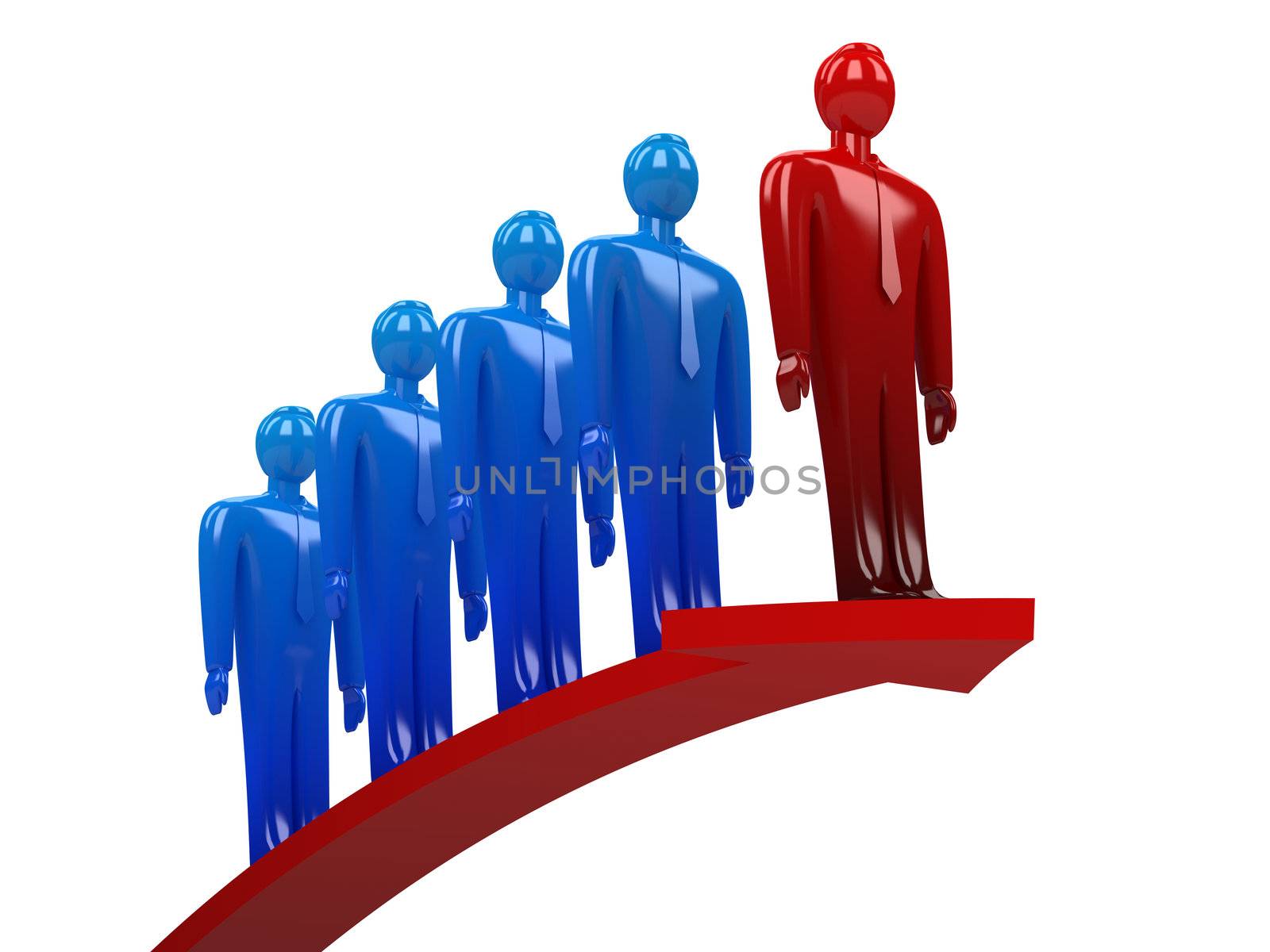 Many persons stand on a red arrow