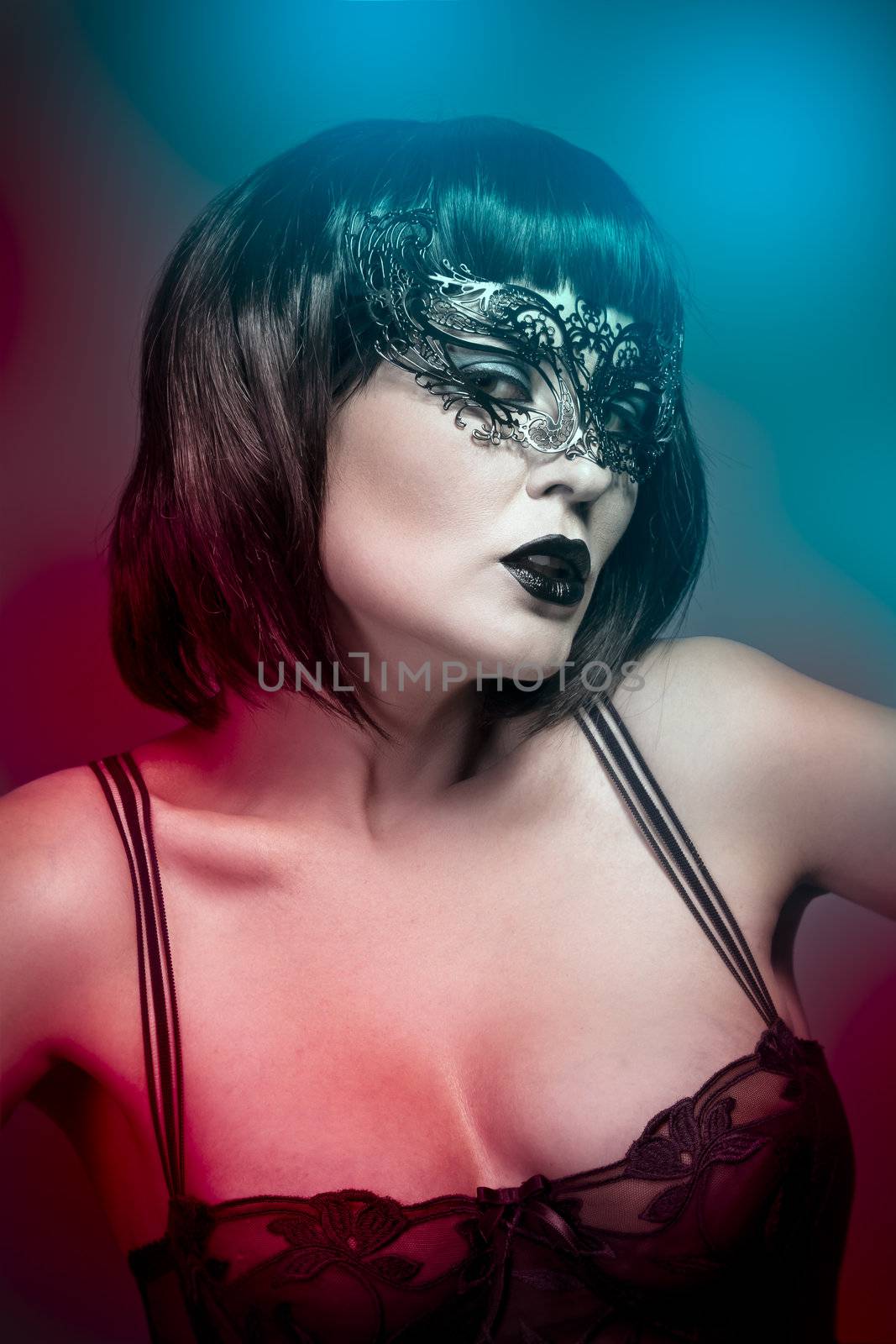 Lingerie woman, beautiful young in a black mysterious venetian mask
