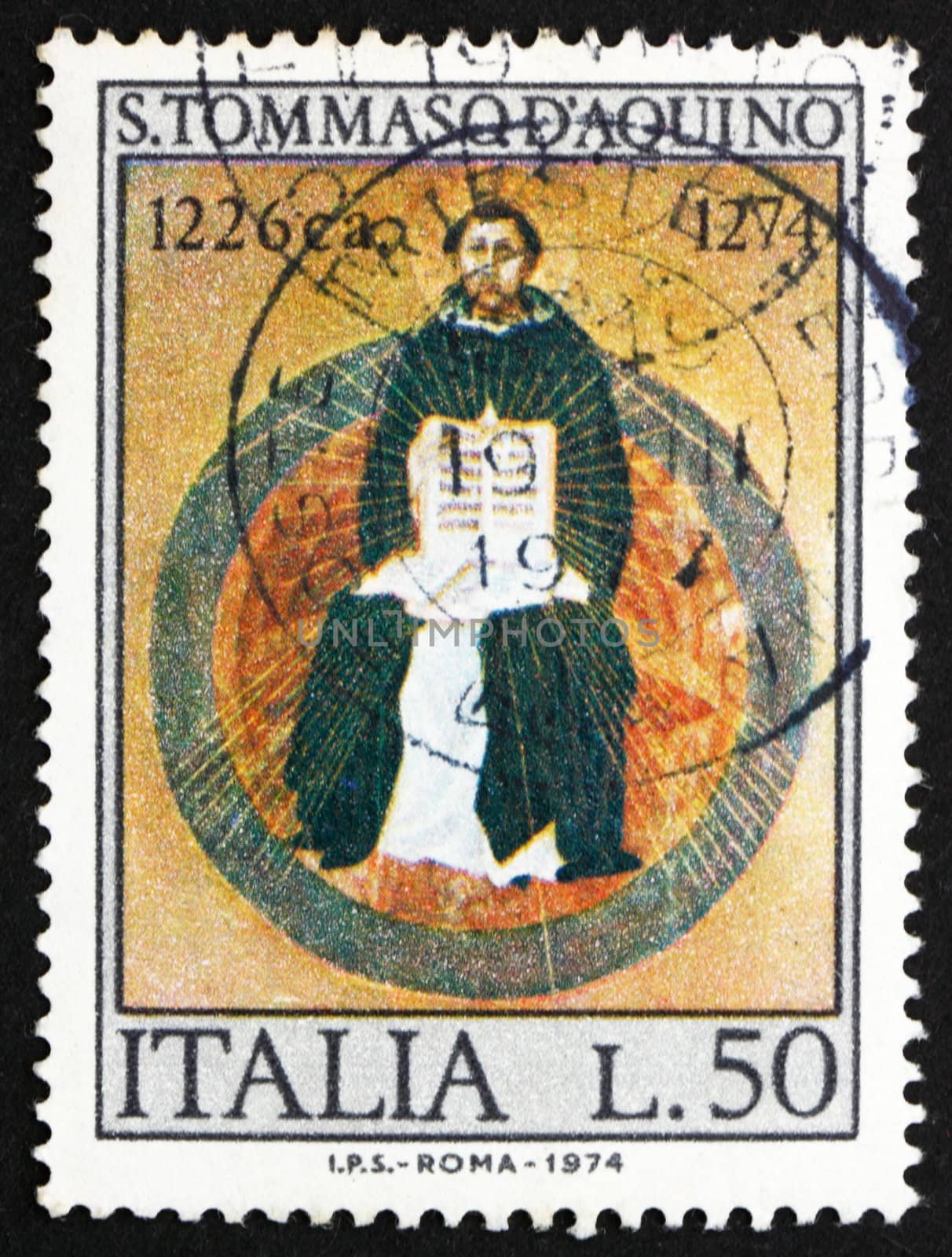 ITALY - CIRCA 1974: a stamp printed in the Italy shows St. Thomas Aquinas, by Francesco Traini, Scholastic Philosopher, 700th Death Anniversary, circa 1974