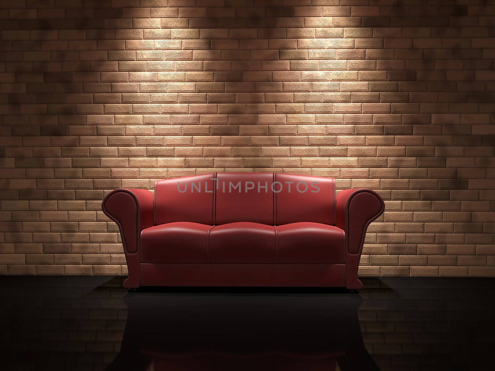 Red leather sofa near a brick wall